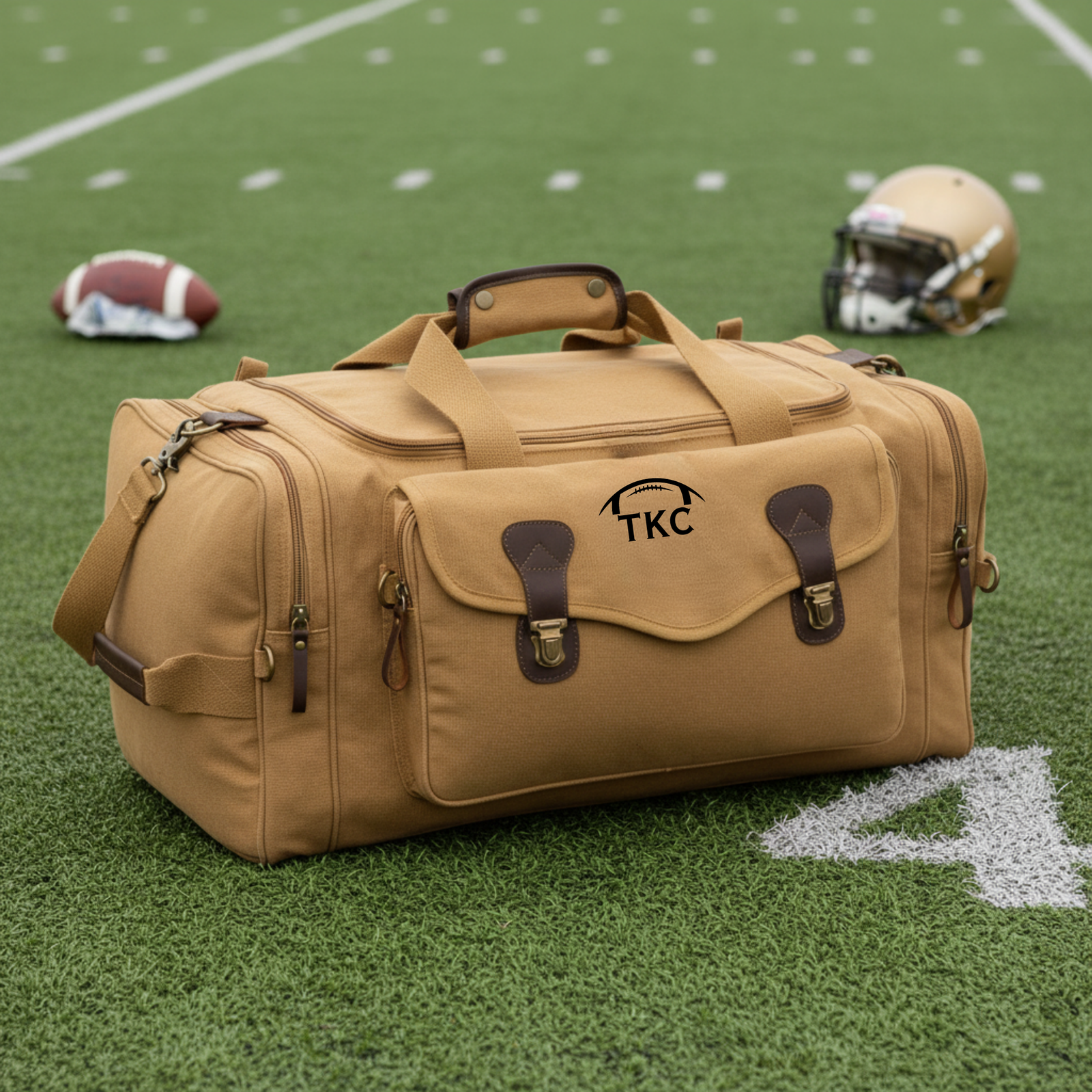 Personalized senior football duffle bag in heavyweight canvas with leather accents and an embroidered football with his name or jersey number stitched underneath