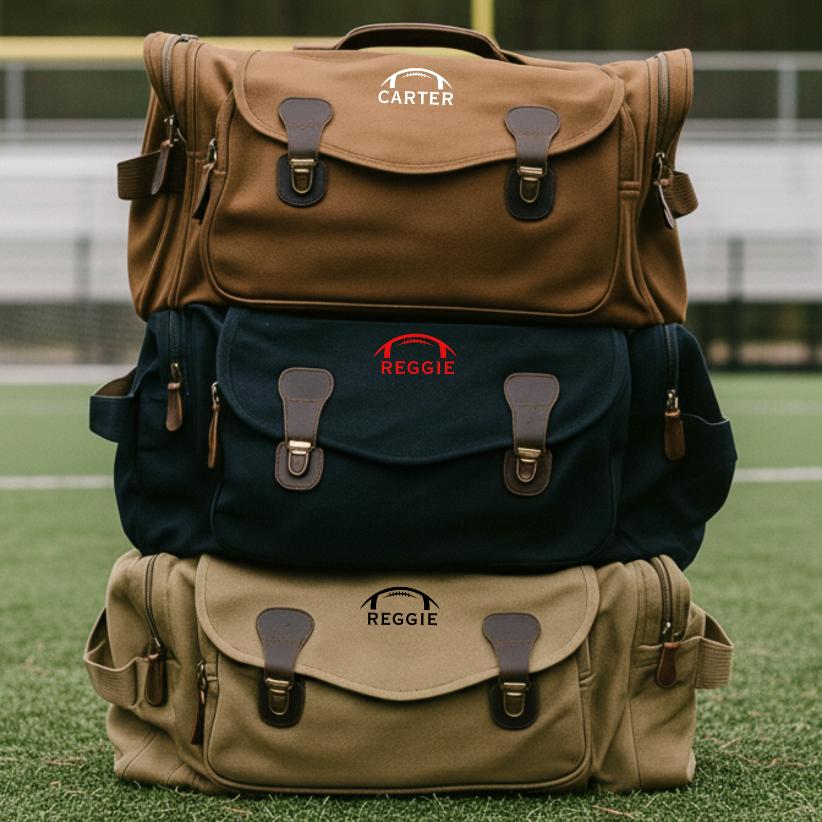 Personalized senior football duffle bag in heavyweight canvas with leather accents and an embroidered football with his name or jersey number stitched underneath