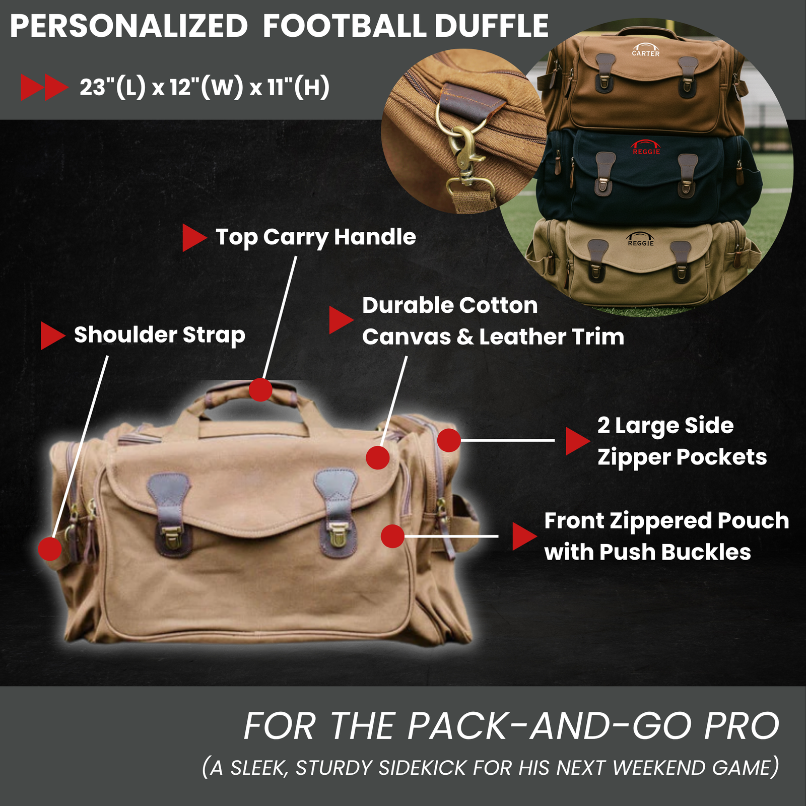 Personalized football duffle bag in heavyweight canvas with leather accents and an embroidered football with his name stitched underneath, built for game day gear