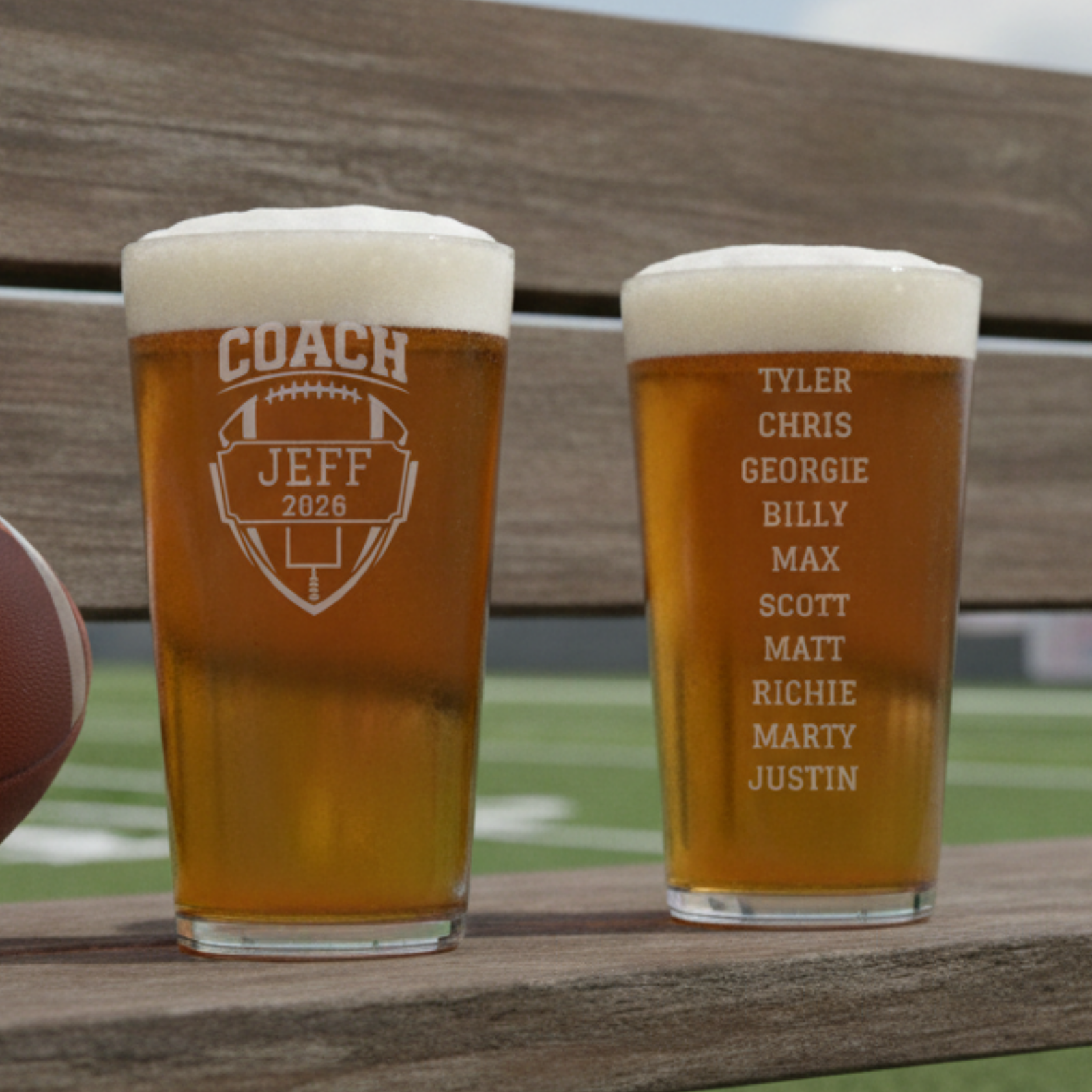 Personalized football coach pint glass shown at an angle, double-sided laser engraving with football emblem and team roster, a banquet gift for coaches