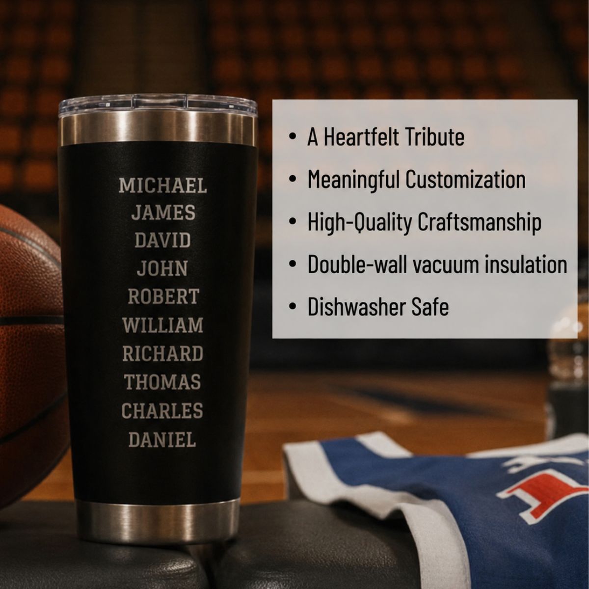 Back of the personalized basketball coach team tumbler engraved with ten player names, next to a list of features including double wall insulation and dishwasher safe