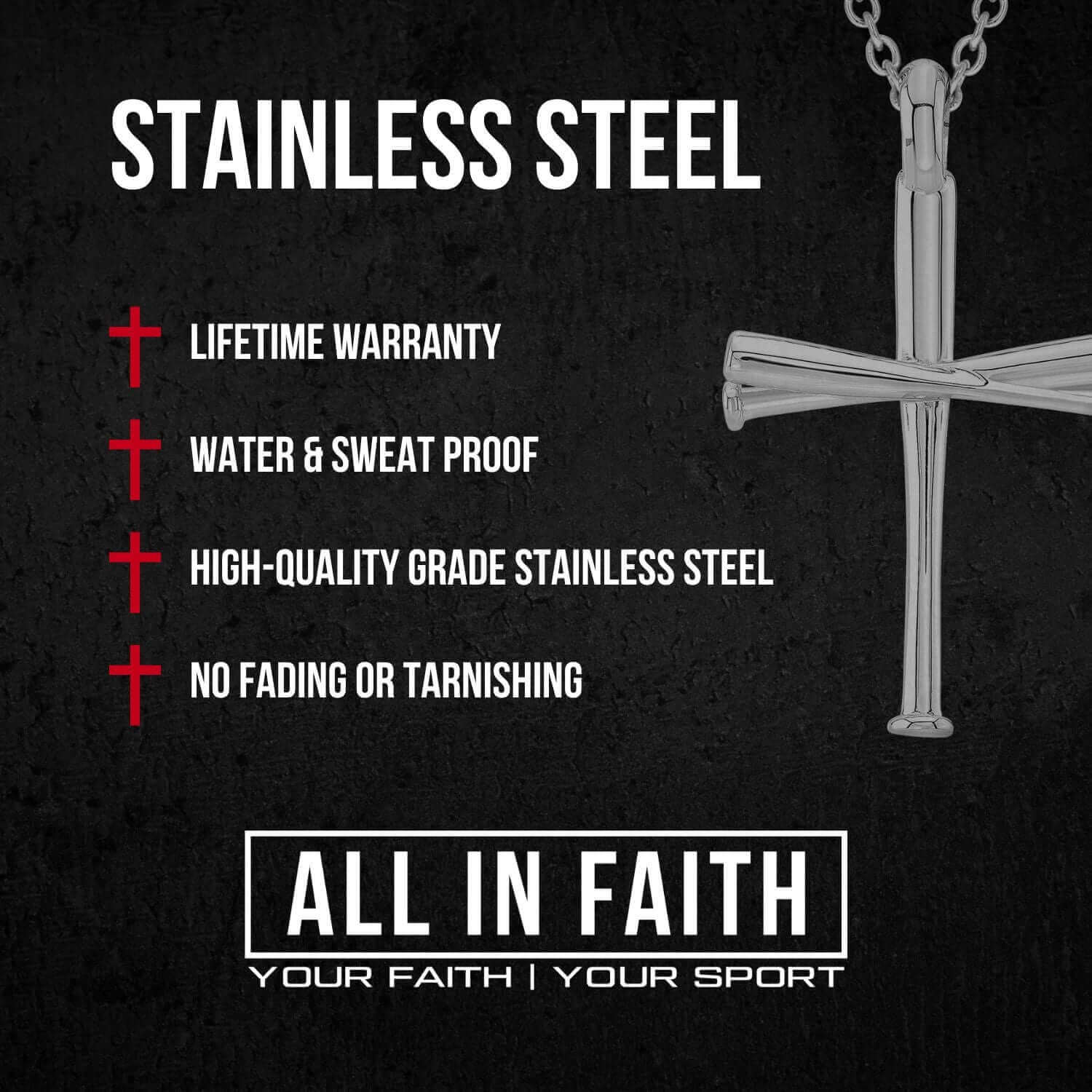 Stainless steel cross pendant with chain on textured dark background, showing product features and benefits text