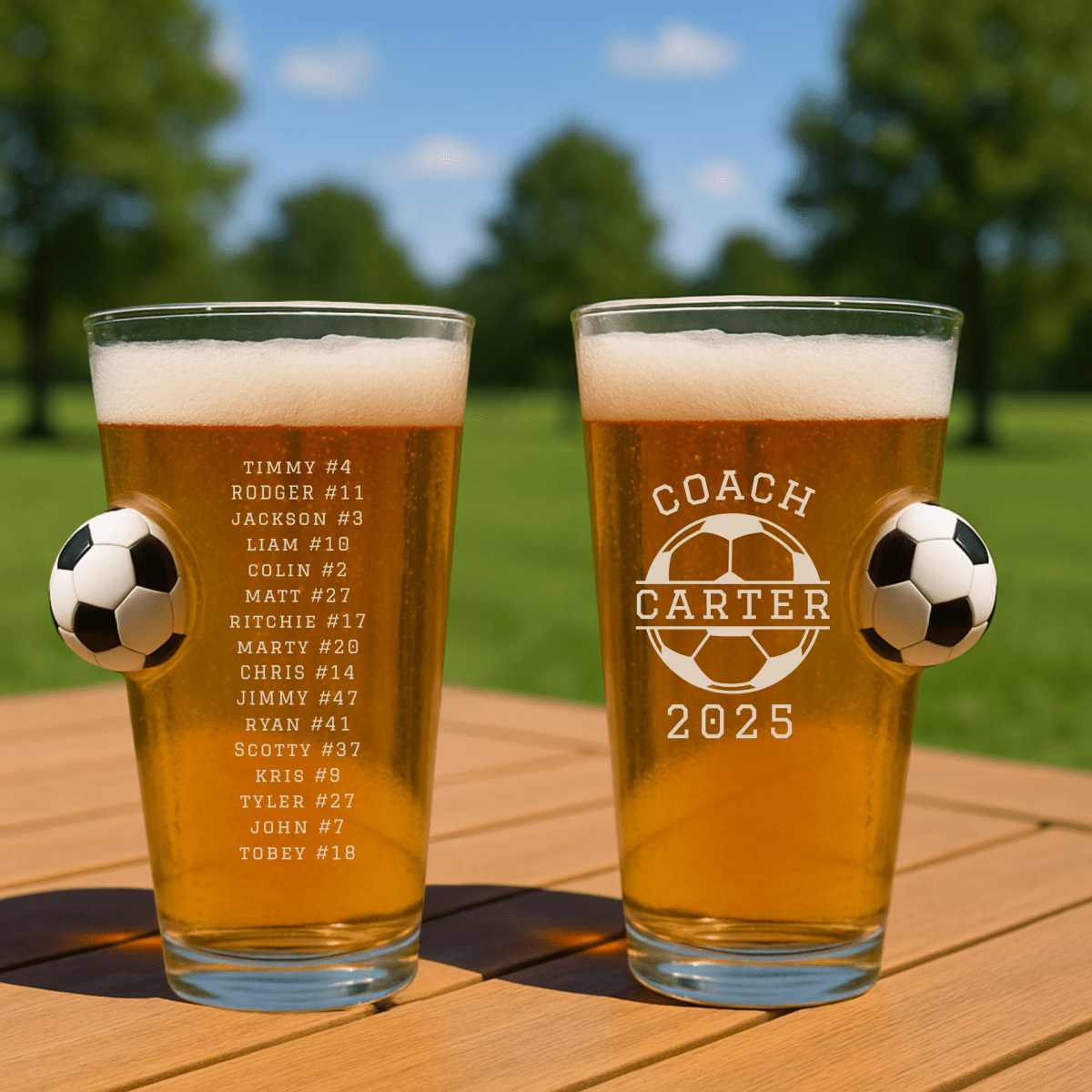 Personalized soccer coach trophy glass, a hefty engraved beer glass with a soccer design and the coach's name, a handcrafted game-day tribute gift