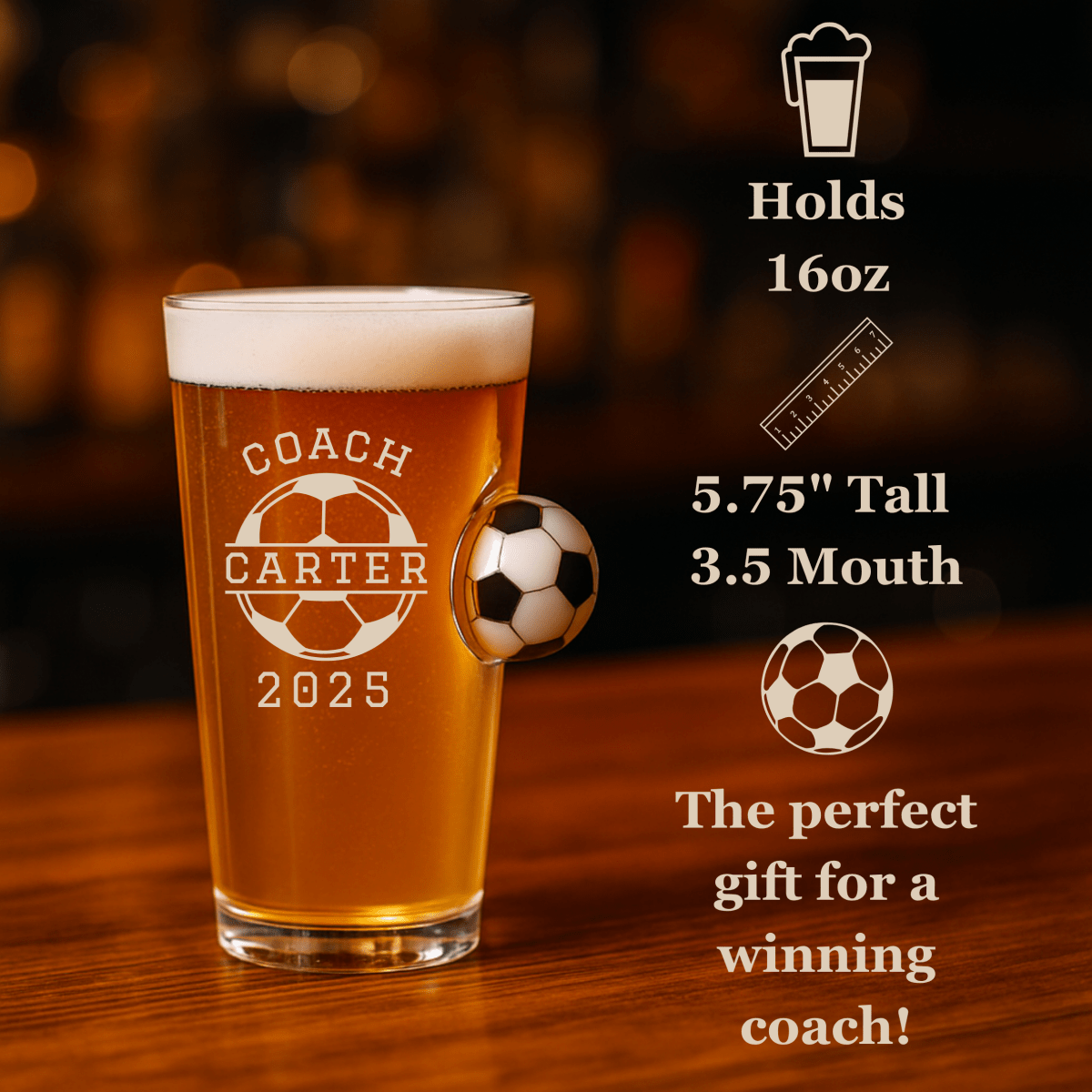 Personalized soccer coach trophy glass, a hefty engraved beer glass with a soccer design and the coach's name, a handcrafted game-day tribute gift
