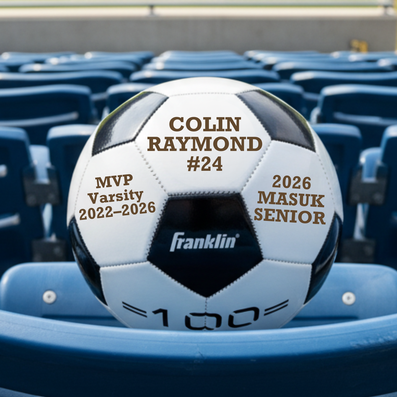 Personalized senior night soccer ball in synthetic leather with warm brown laser engraving across three panels showing the player's name, number, and team