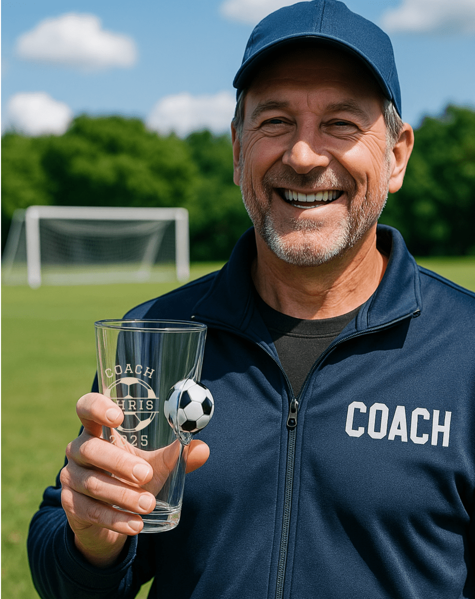 Personalized soccer coach trophy glass, a hefty engraved beer glass with a soccer design and the coach's name, a handcrafted game-day tribute gift