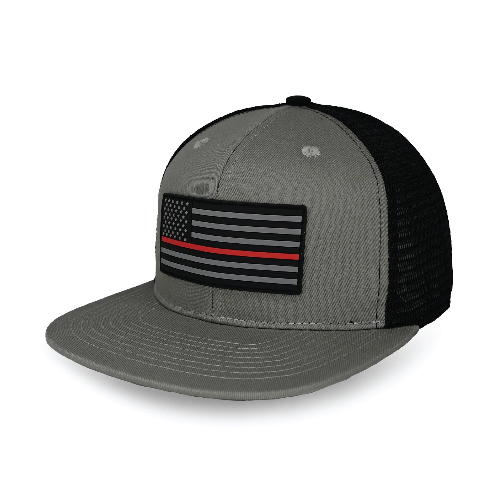 Grey and black trucker hat with flat brim and snapback closure, featuring embroidered USA flag with thin red line patch on front panel