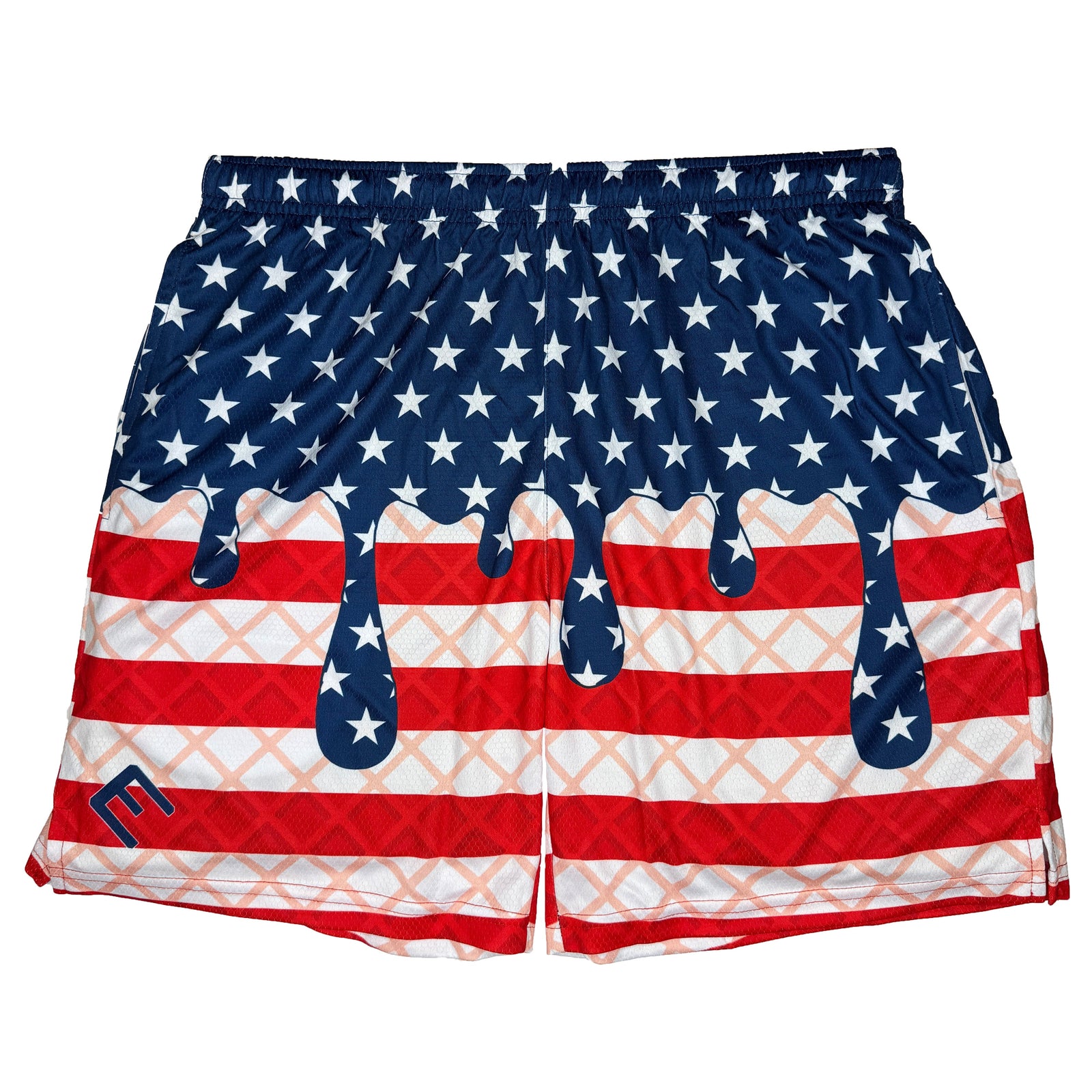 Navy blue shorts with white star pattern on upper half and red-and-white striped lower half, featuring dark blue waistband with elastic and side pockets