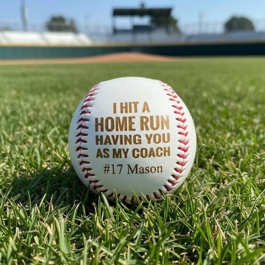 A white baseball with red stitching, featuring the text 'I hit a HOME RUN having you as my COACH' along with a number, presumably for personalization.