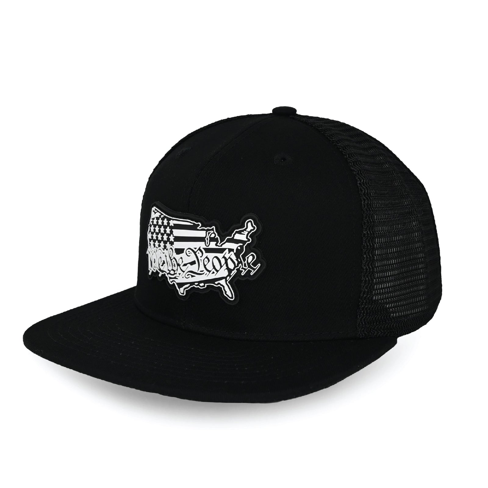 Black trucker hat with mesh back panel and white PVC patch depicting USA map outline with "We The People" text and flag design on front panel