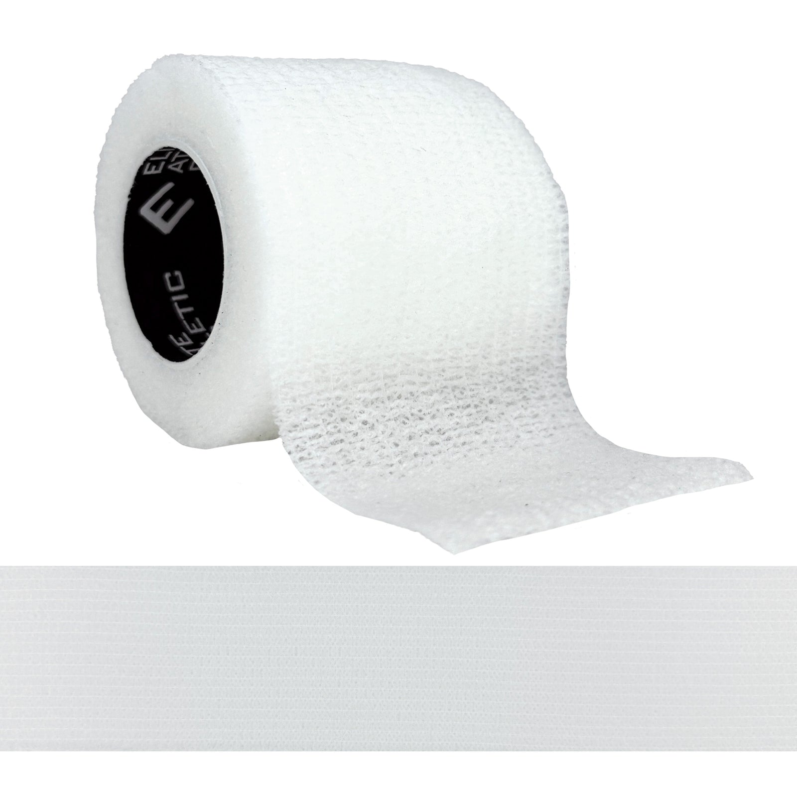 White self-stick athletic tape roll with black center label, showing tape partially unrolled against white background