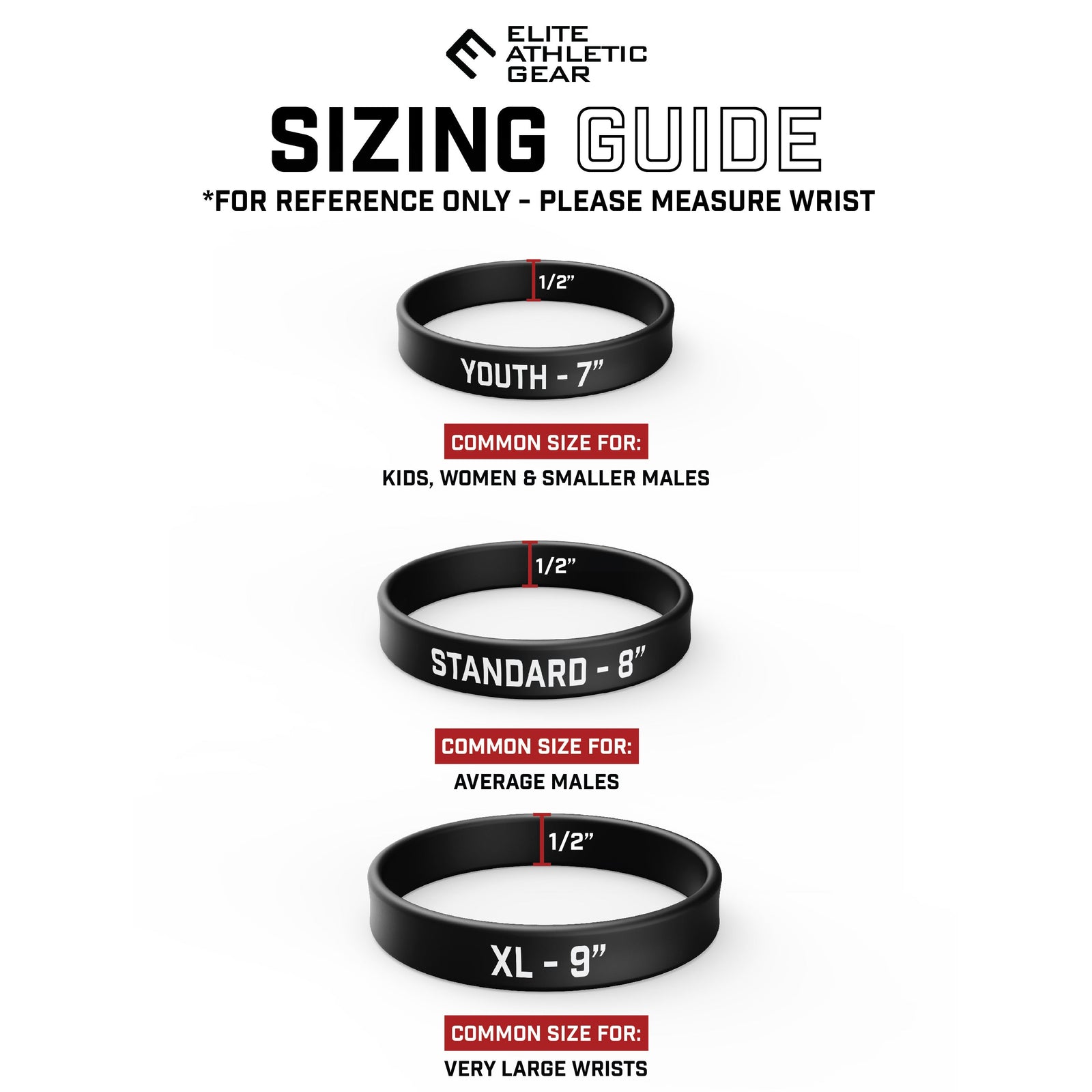 Sizing guide chart displaying three black silicone wristbands labeled Youth 7 inches, Standard 8 inches, and XL 9 inches with width and recommended wearer categories