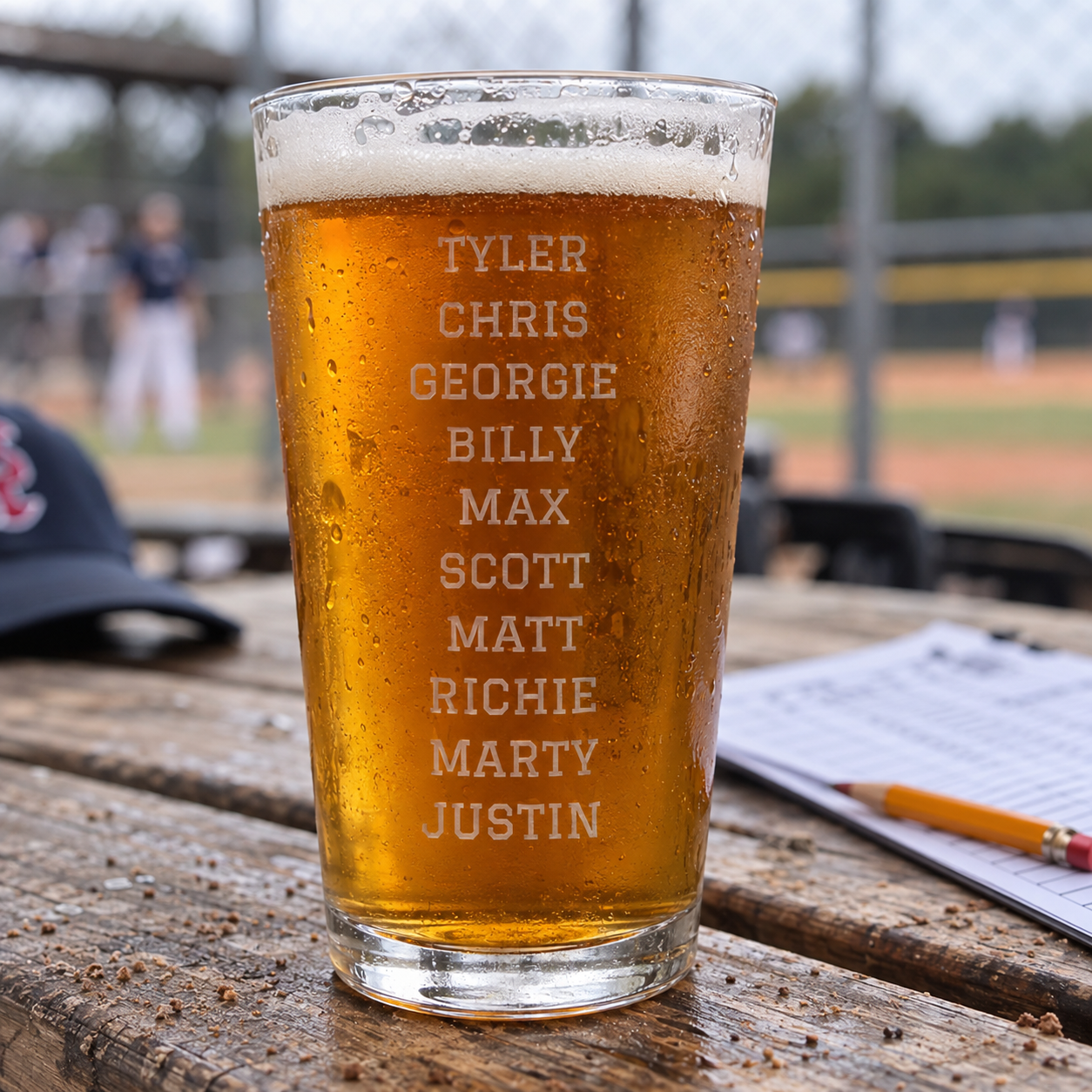Team Roster Baseball Coach Pint Glass back engraved with ten player names in block letters, full of beer on a dugout bench beside a scorebook