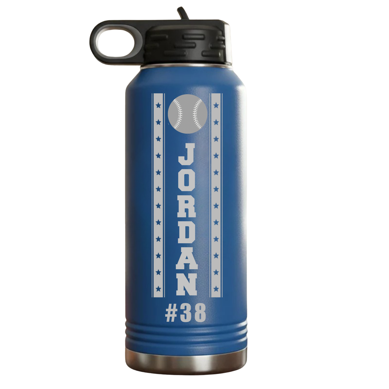 Royal blue personalized baseball water bottle, laser engraved with sample name JORDAN and number 38, a gift for a baseball player