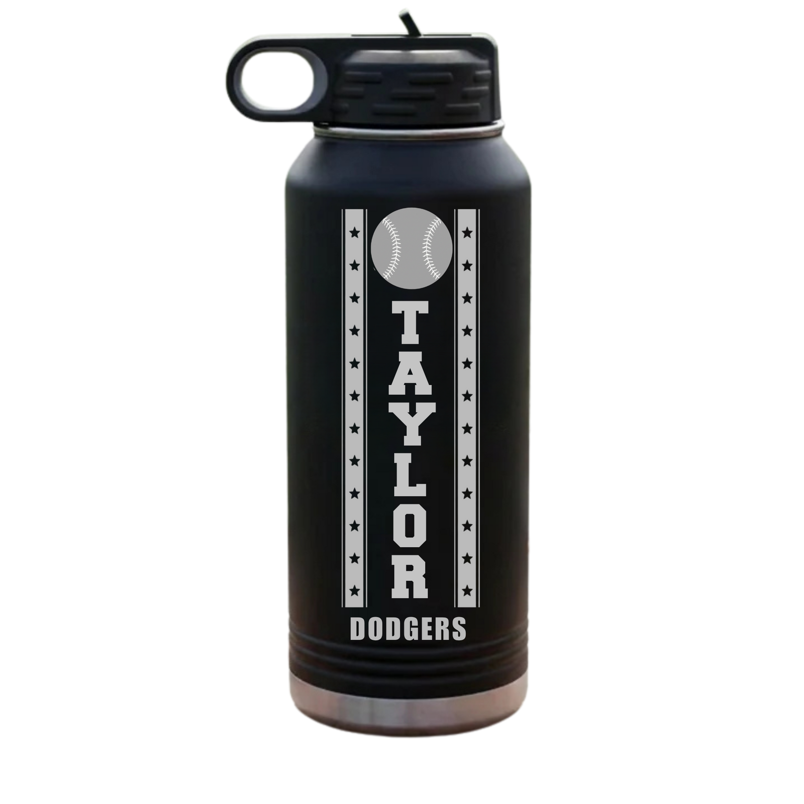 Black personalized baseball player water bottle engraved with a name and jersey number, 32oz insulated stainless steel