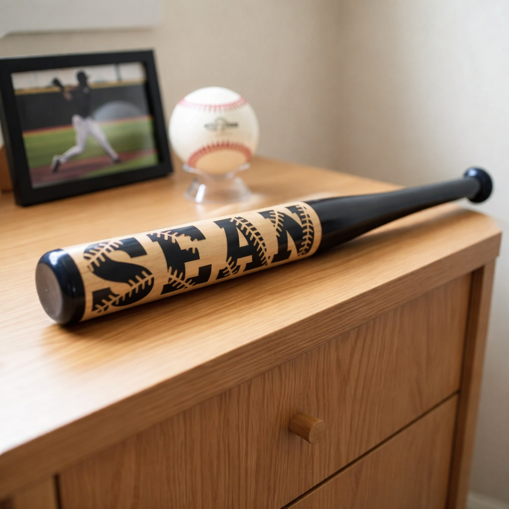 Natural wood mini baseball bat with laser-engraved sample name "TEAM" and baseball stitch design, displayed on wooden dresser with baseball and framed photo
