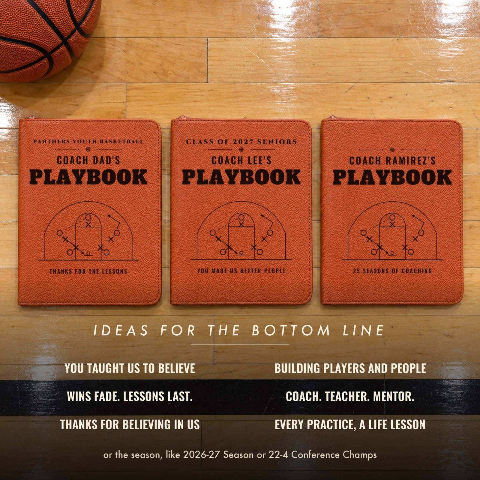 Three engraved basketball coach portfolios for Coach Dad's, Coach Lee's and Coach Ramirez's on a gym floor, with inspiring ideas for the bottom line