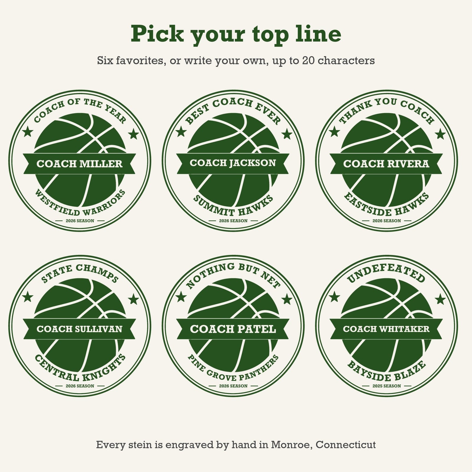Six basketball coach stein designs showing top line ideas: Coach of the Year, Best Coach Ever, Thank You Coach, State Champs, Nothing but Net and Undefeated
