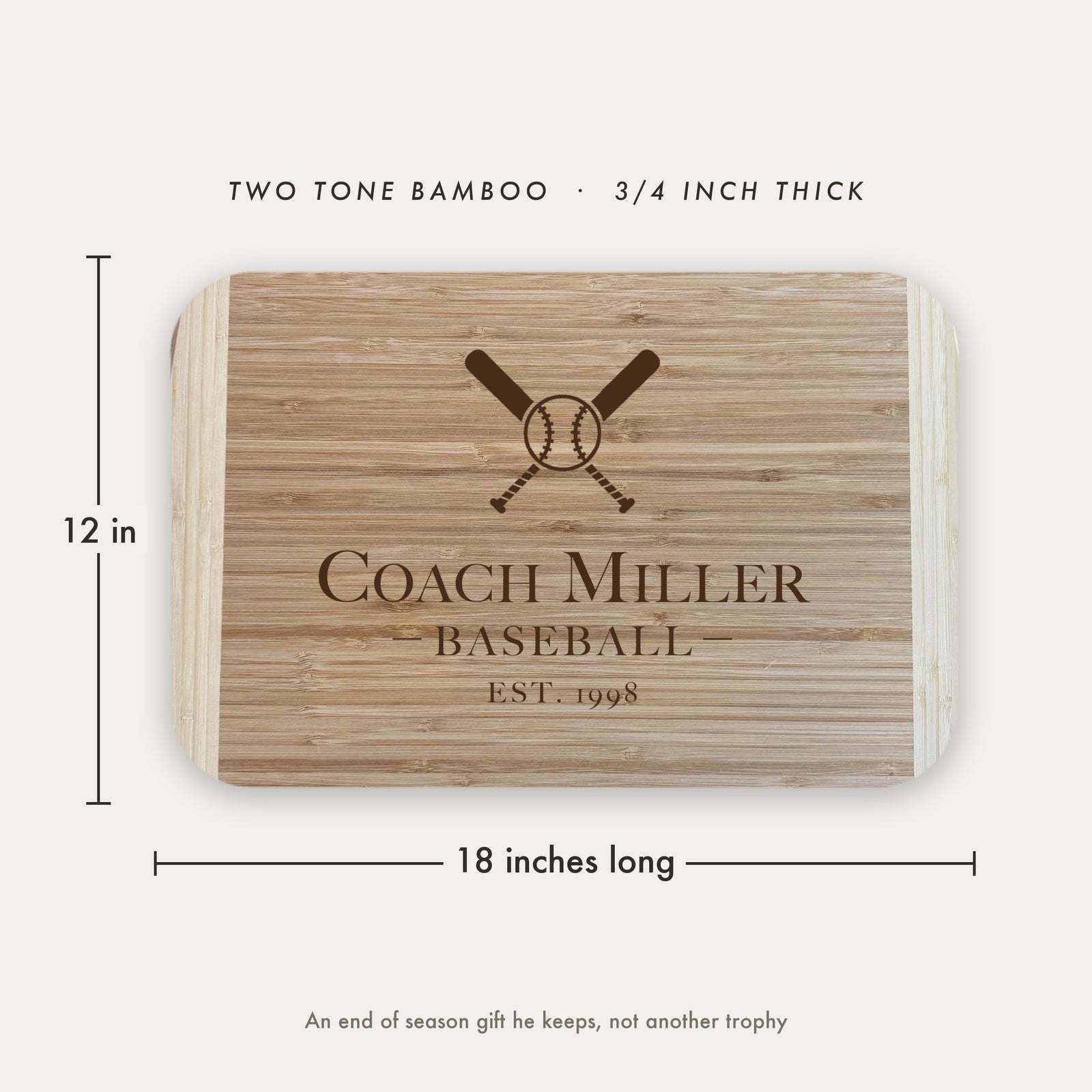 Dimension diagram of the baseball coach cutting board showing 18 inches long by 12 inches wide, in two tone bamboo at three quarters of an inch thick.