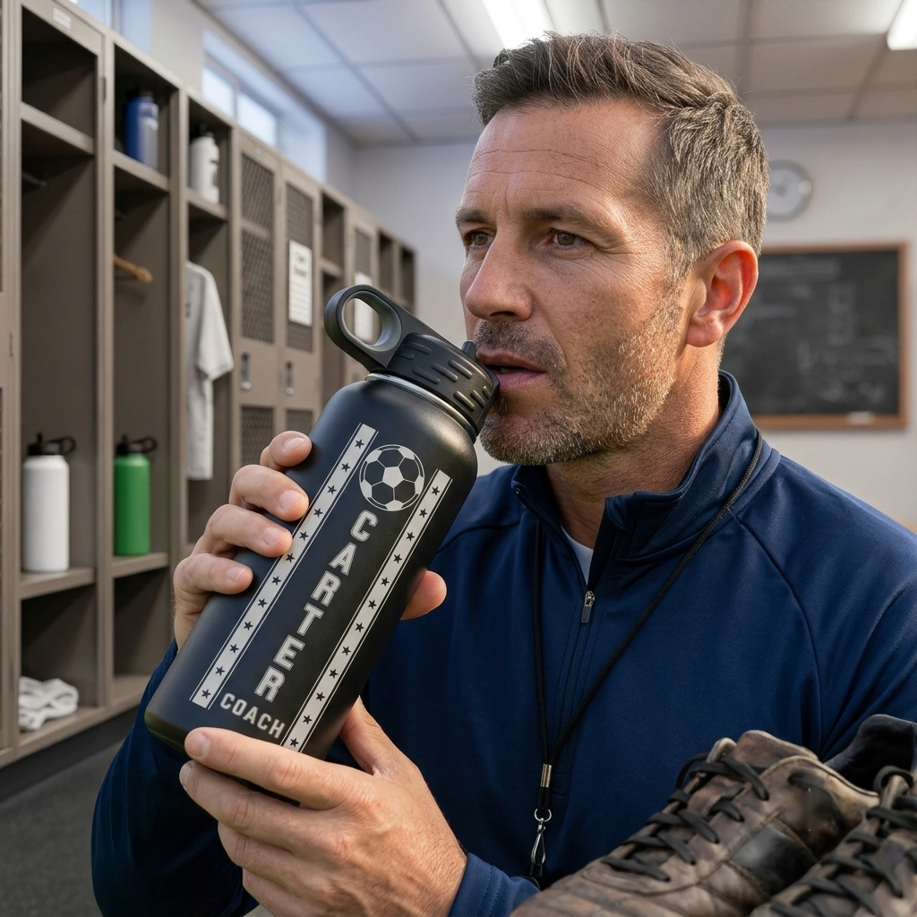 Coach holding black water bottle with sample personalization reading "CARTER COACH" and soccer ball design in locker room setting