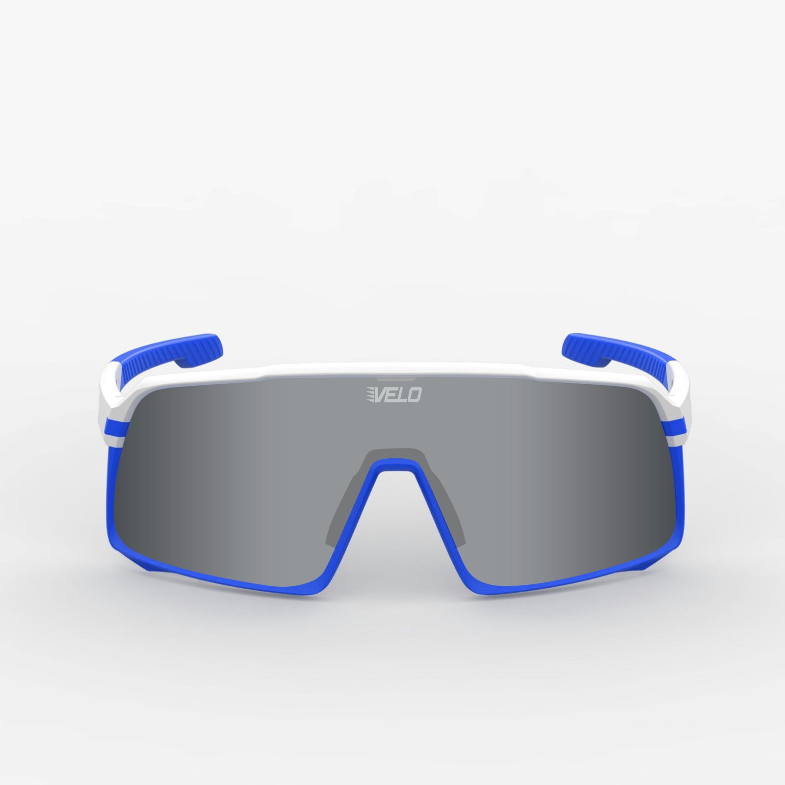 Blue and white sports sunglasses with gray mirrored lenses and interchangeable blue side earpieces, displayed front-facing against neutral background.