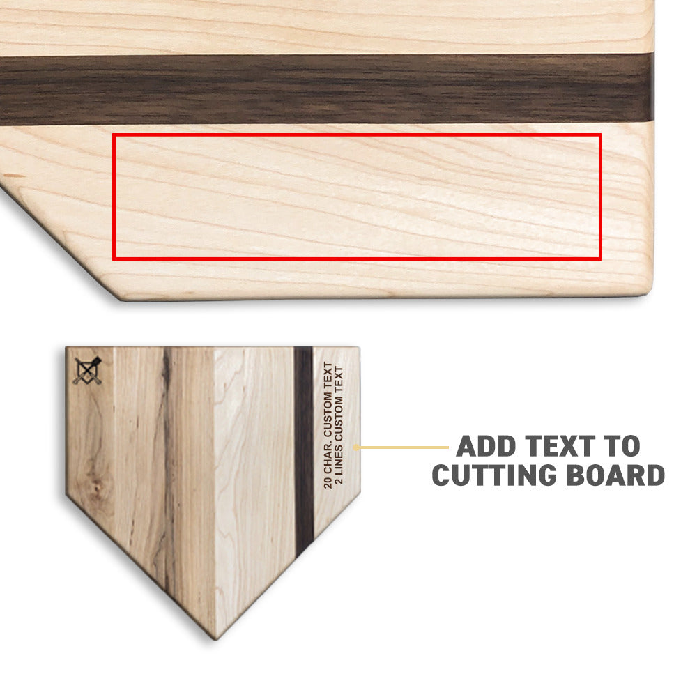 Preview showing customization area outlined in red on the top surface of home plate cutting board, with arrow pointing to edge location where engraved text will appear