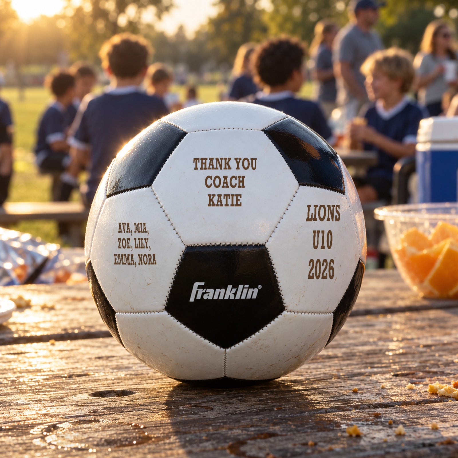 Custom soccer ball engraved Thank You Coach Katie with the players' first names and Lions U10 2026, on a picnic table at a team party