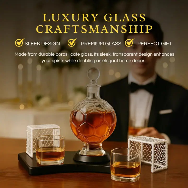 Soccer ball-shaped decanter filled with amber liquid, flanked by two whiskey glasses with goal post holders, displayed on black base with white coasters