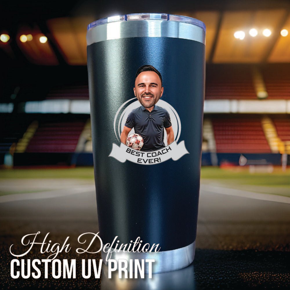 Personalized soccer coach game day tumbler, a 20oz stainless steel tumbler with a soccer design and a spill-proof lid, made as a thank-you gift for the coach