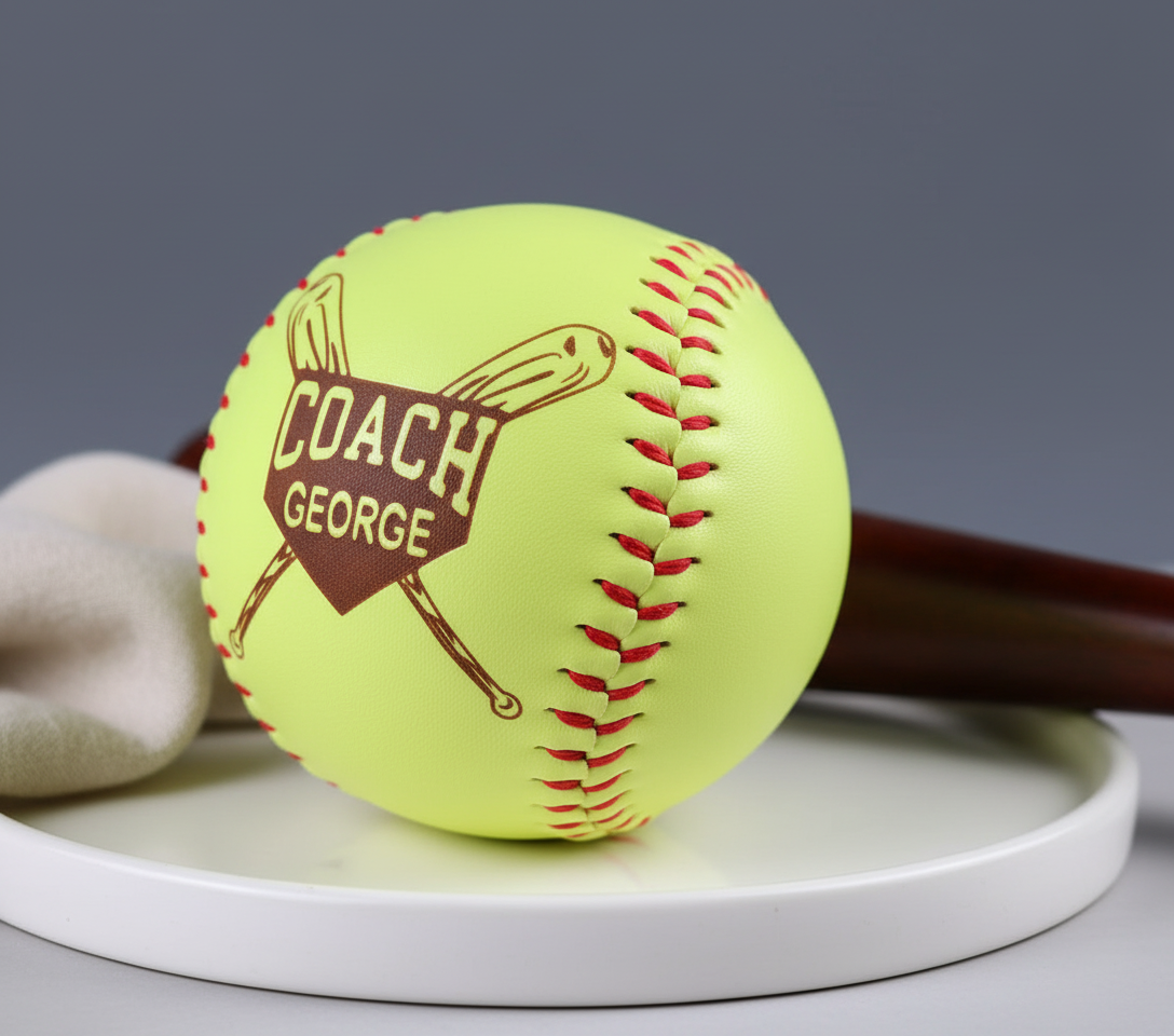 Bright yellow-green softball with red stitching, laser-engraved with sample name "COACH GEORGE" inside a crossed-bat design in brown, displayed on a white plate next to a baseball bat.
