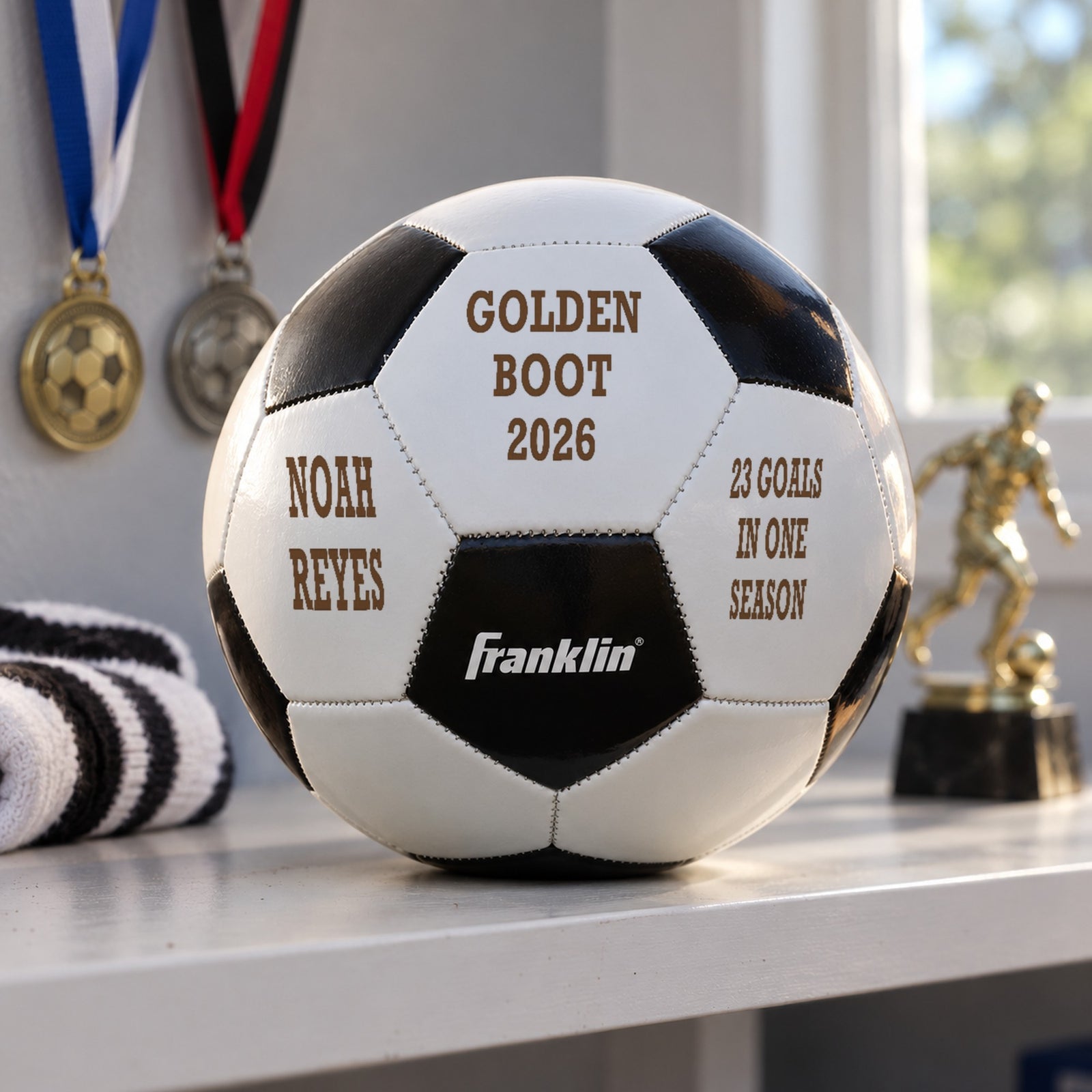 Engraved soccer ball reading Golden Boot 2026 with the player's name and 23 goals in one season, on a bedroom shelf beside medals