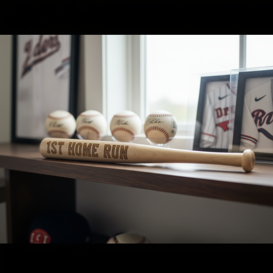 Natural wood mini bat engraved with 1ST HOME RUN displayed on a walnut shelf among baseballs and framed jerseys, a first home run keepsake on display