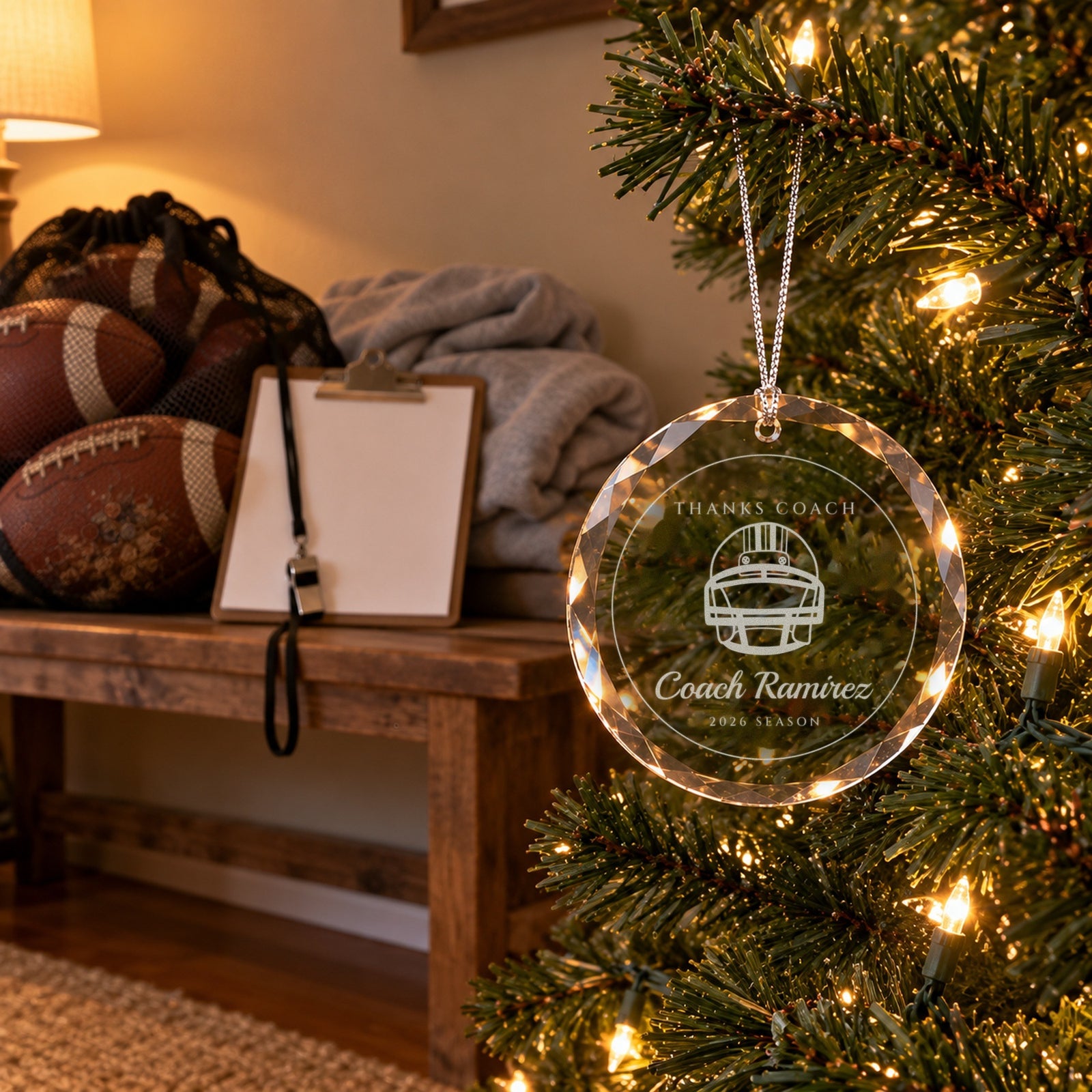 Football coach ornament engraved THANKS COACH, Coach Ramirez, 2026 SEASON on a Christmas tree beside a bag of footballs, a whistle and a clipboard