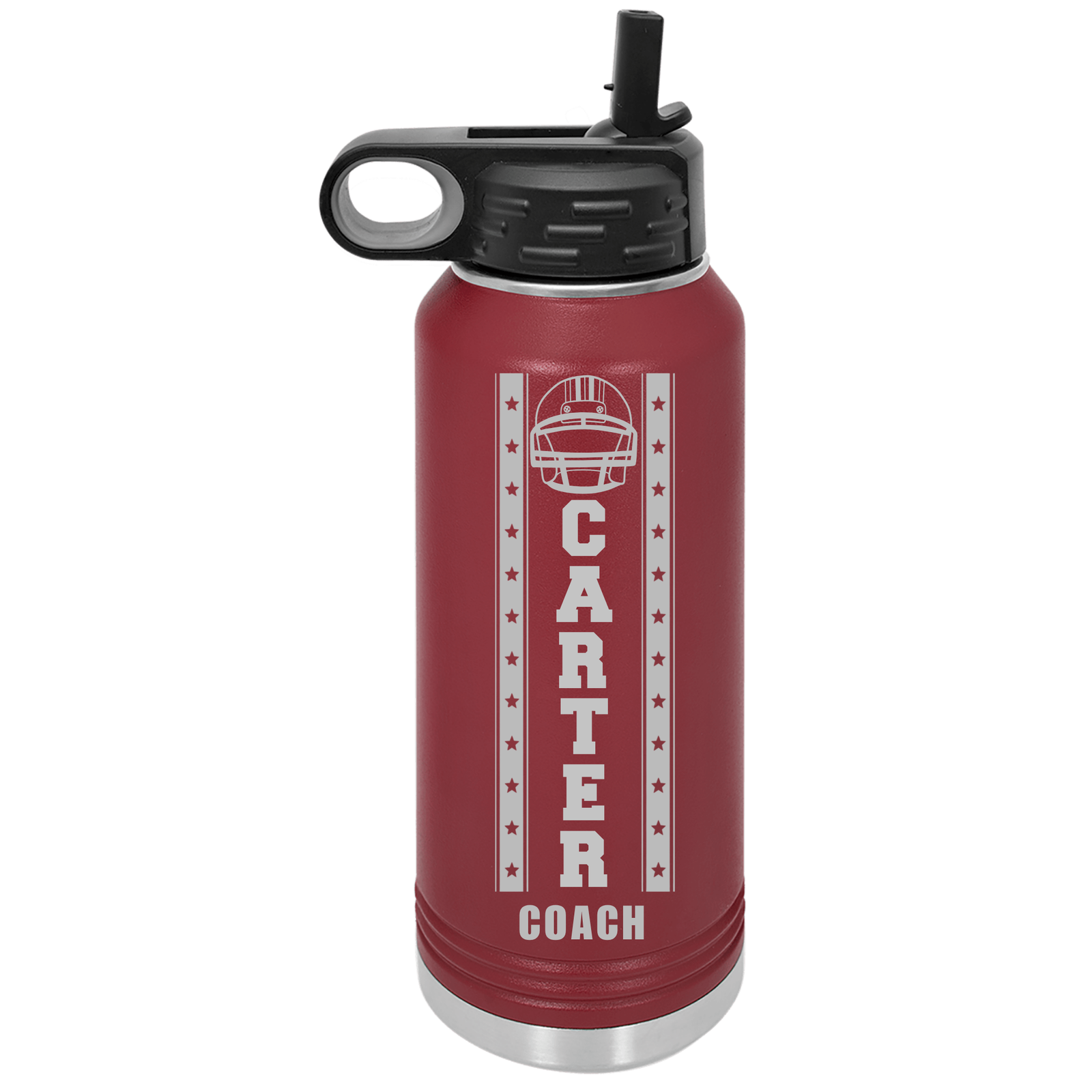 Maroon personalized football coach water bottle engraved with a football helmet, the name Carter down the center and Coach beneath in a star border.
