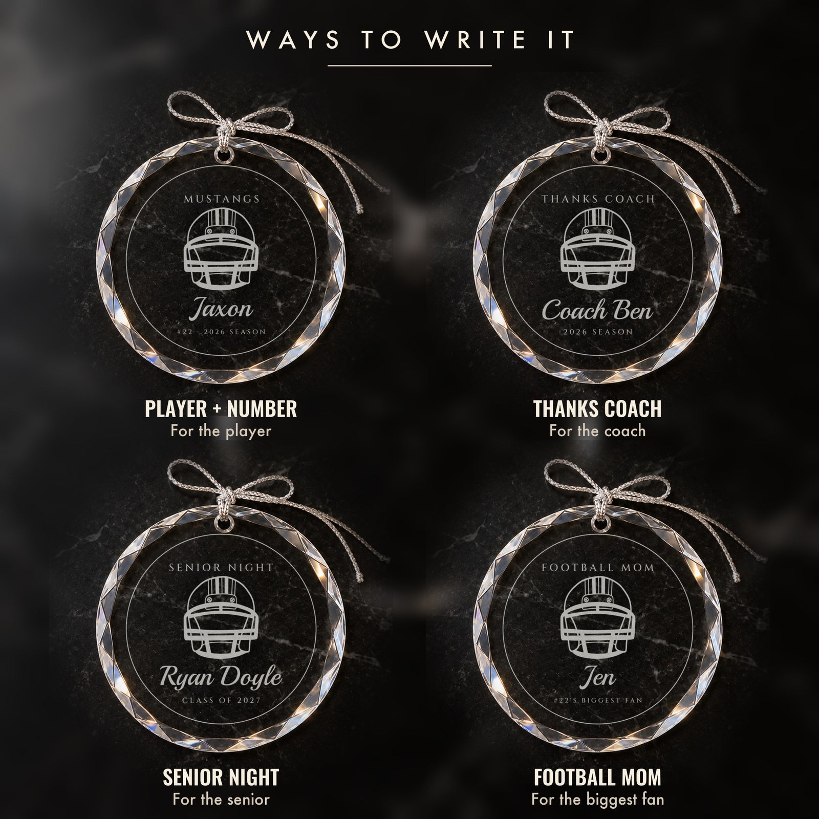 Four ways to write the football ornament: a player with a number, THANKS COACH for the coach, SENIOR NIGHT and FOOTBALL MOM for the biggest fan