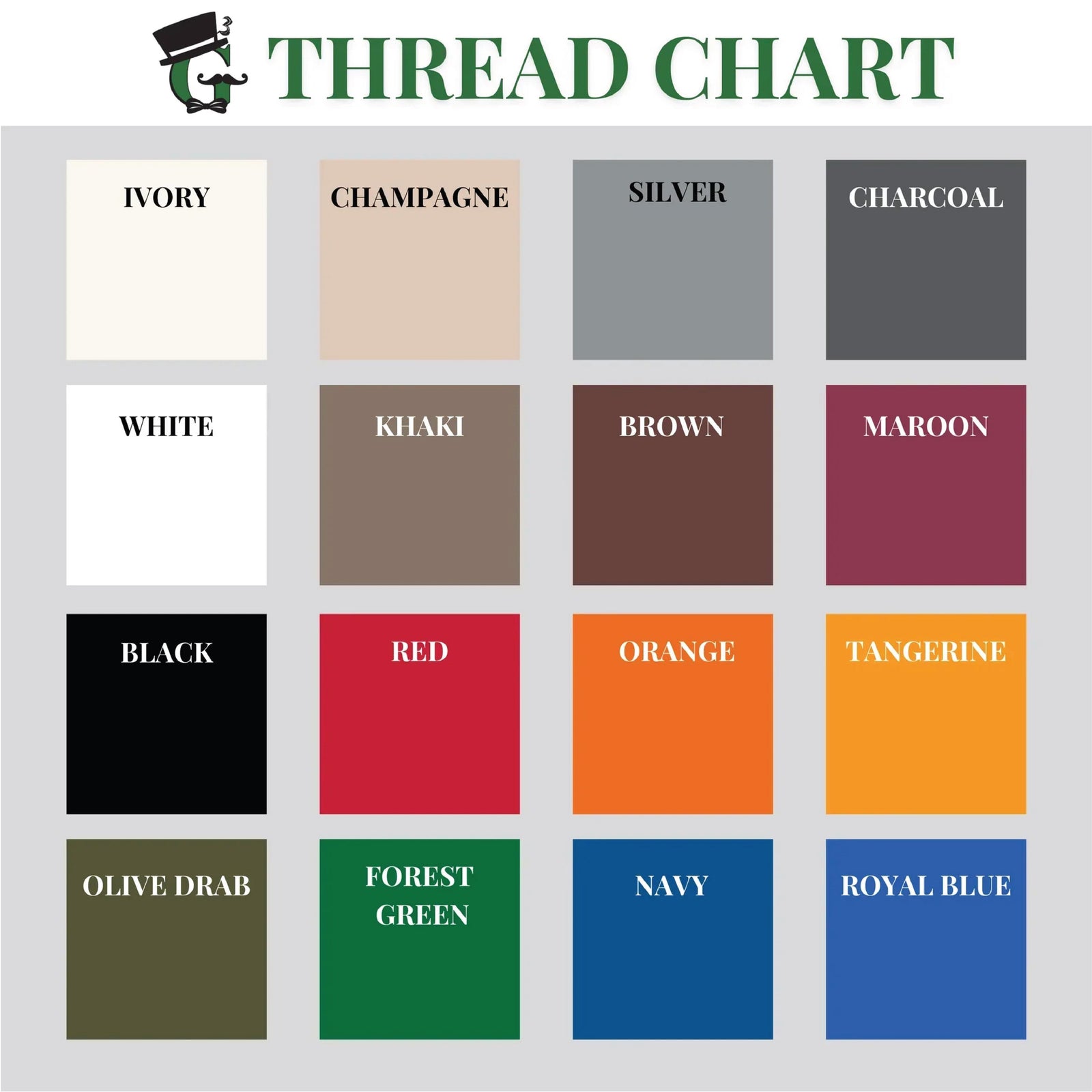 Thread color chart showing 16 personalization options including ivory, champagne, silver, charcoal, white, khaki, brown, maroon, black, red, orange, tangerine, olive drab, forest g