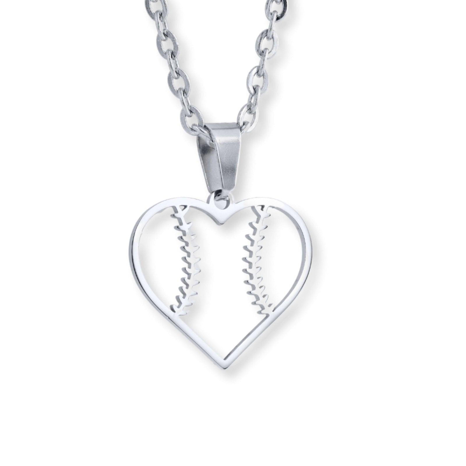 Stainless steel heart-shaped softball necklace with red seam detail on chain