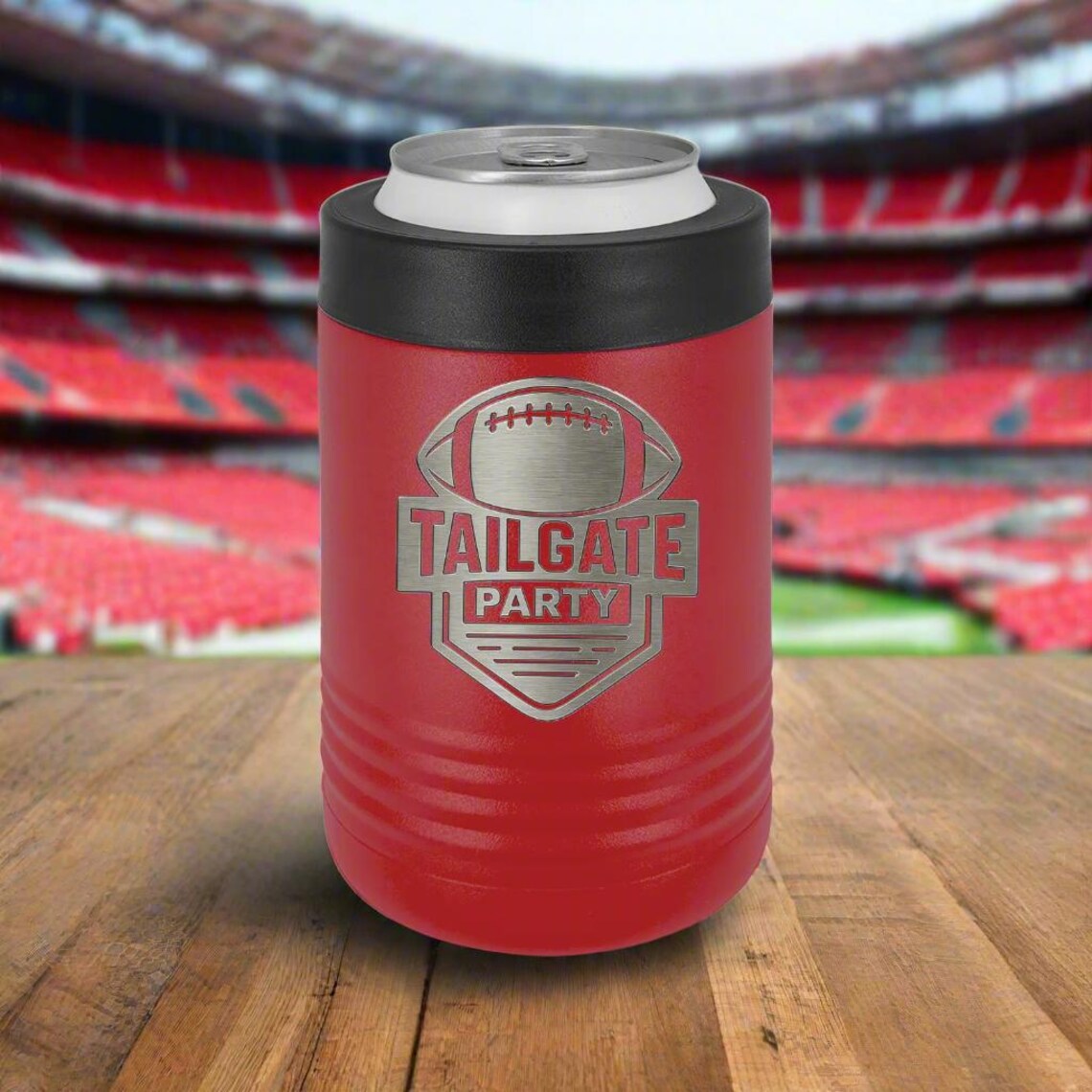 Personalized football can cooler engraved with a tailgate football design, an insulated sleeve that keeps drinks cold from kickoff to overtime