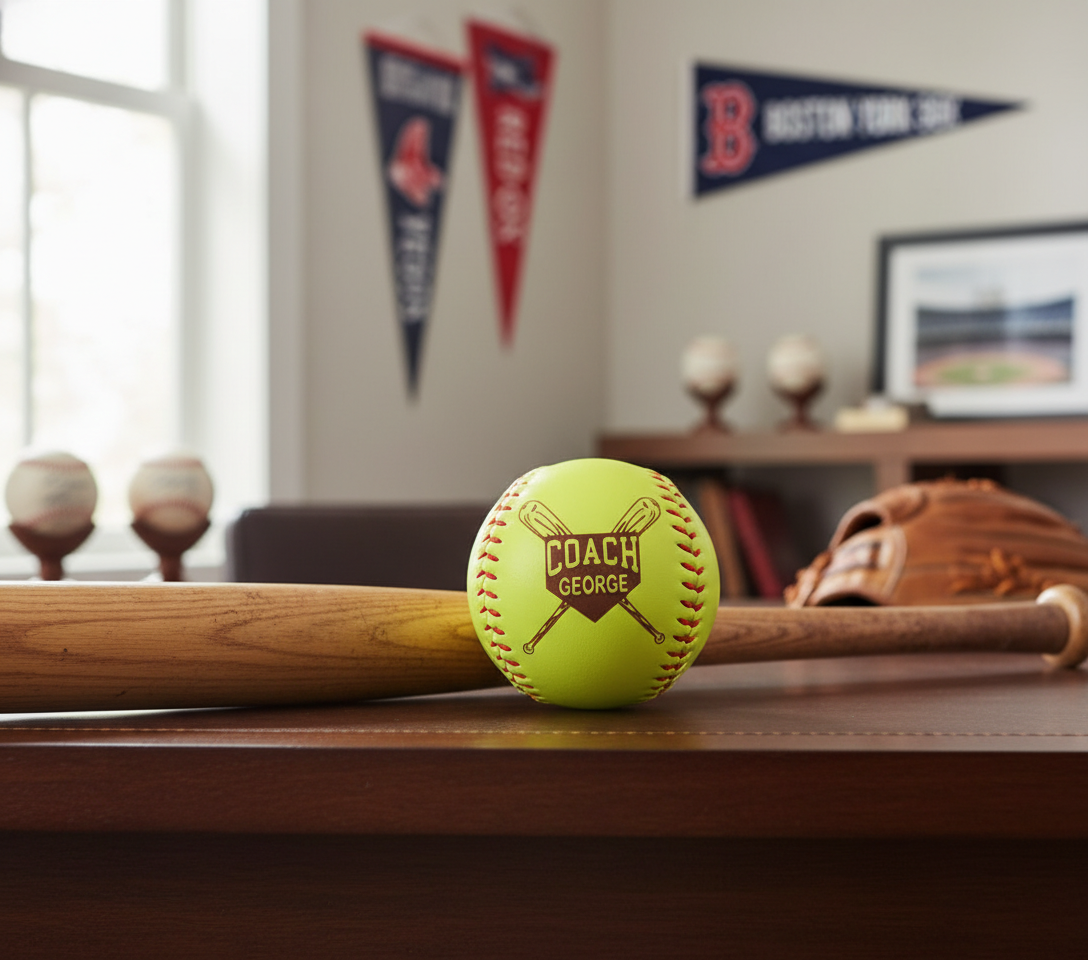 Neon yellow softball with crossed bats and sample text "COACH GEORGE" laser-engraved in gold, displayed on wooden desk with baseball bat and glove nearby