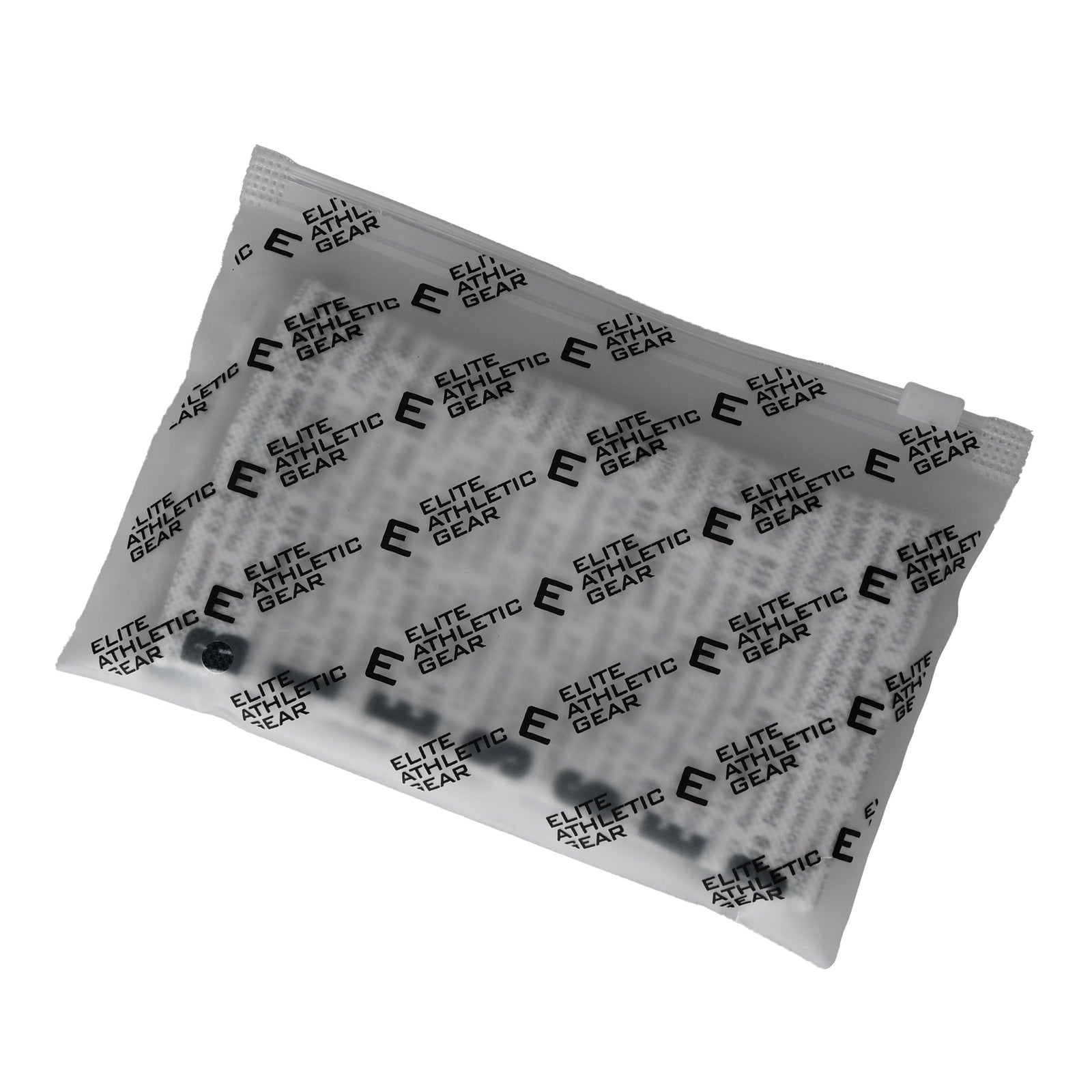 White wrist support sleeve packaging with repeated "Elite Athletic Gear" branding and logo pattern printed across surface