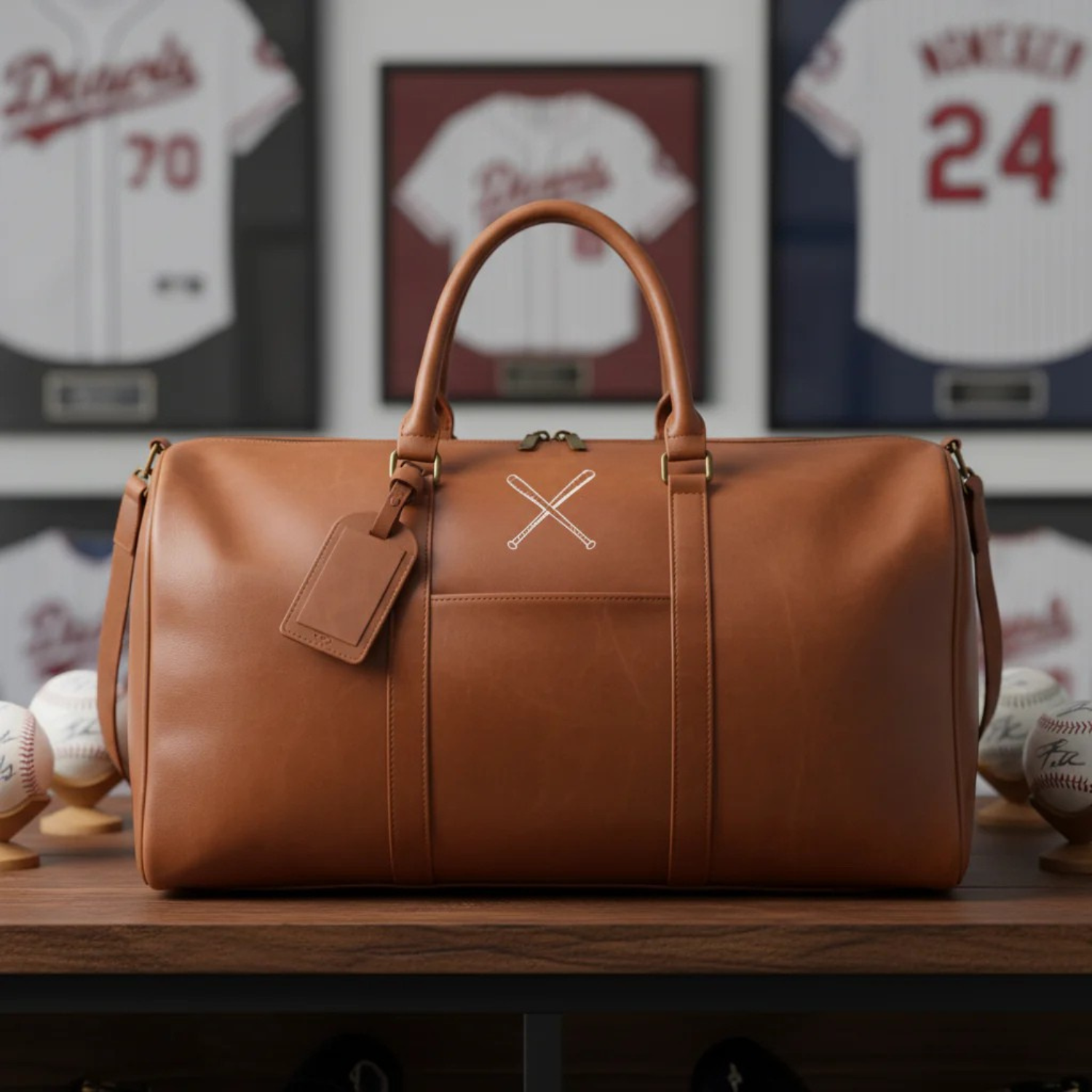 Tan leather duffle bag with crossed bats emblem and detachable tag, displayed with baseballs and framed jerseys in background