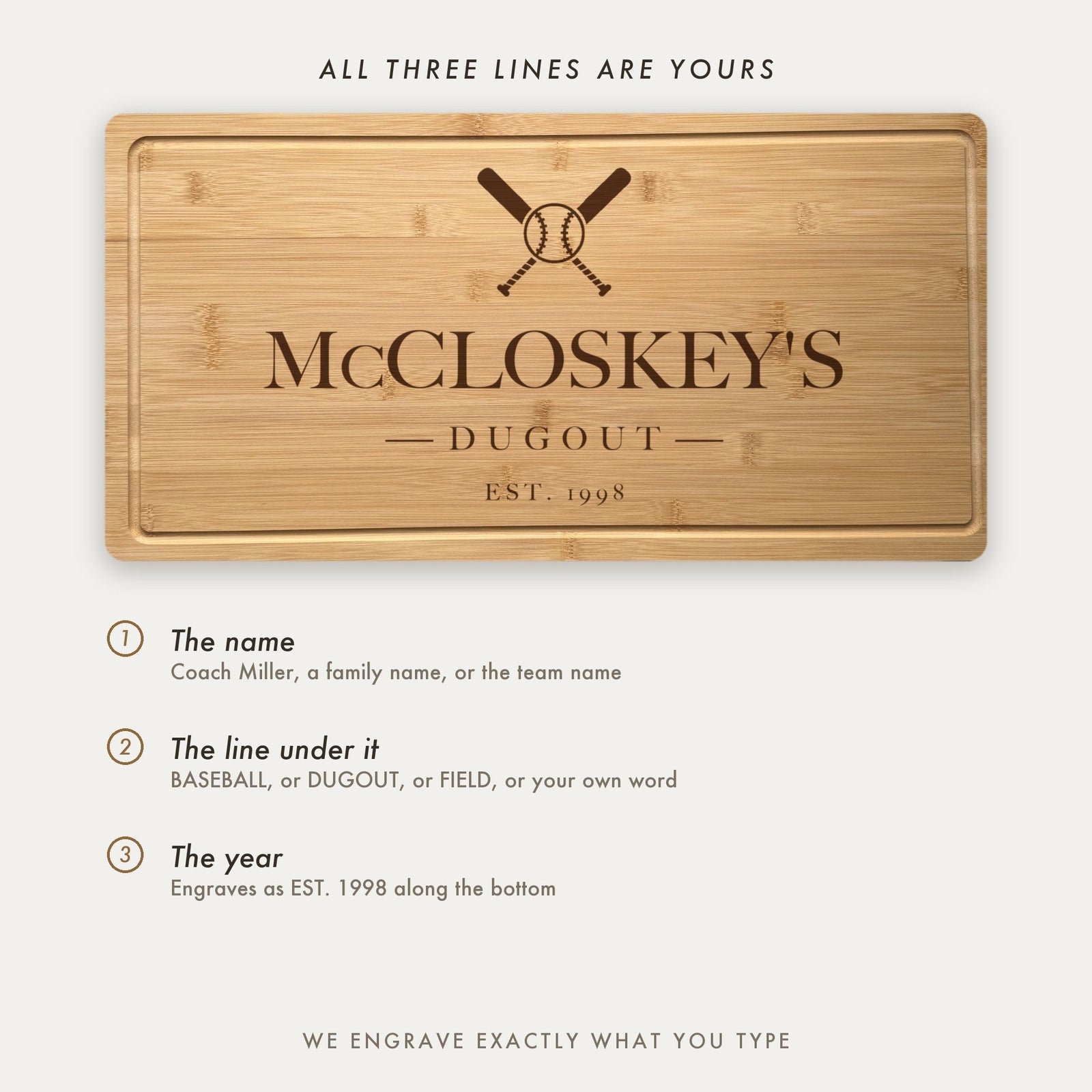 How the baseball board is personalized, showing McCloskeys Dugout as an example with all three lines set by the customer including the middle word.