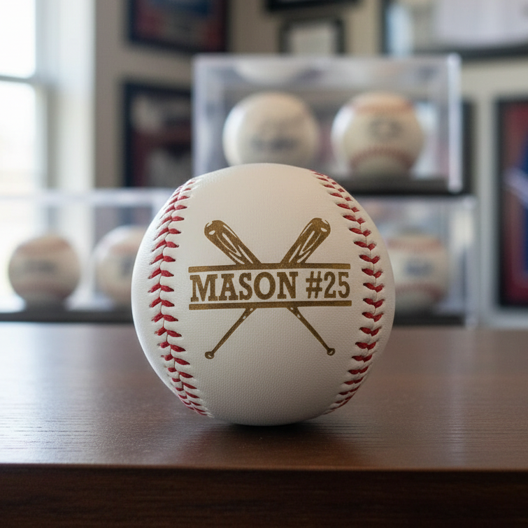 Baseball with 'MASON #25' engraving on a table with sports memorabilia in the background.
