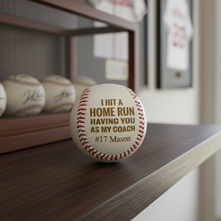 Baseball with personalized message on a shelf in a room with sports-themed decor