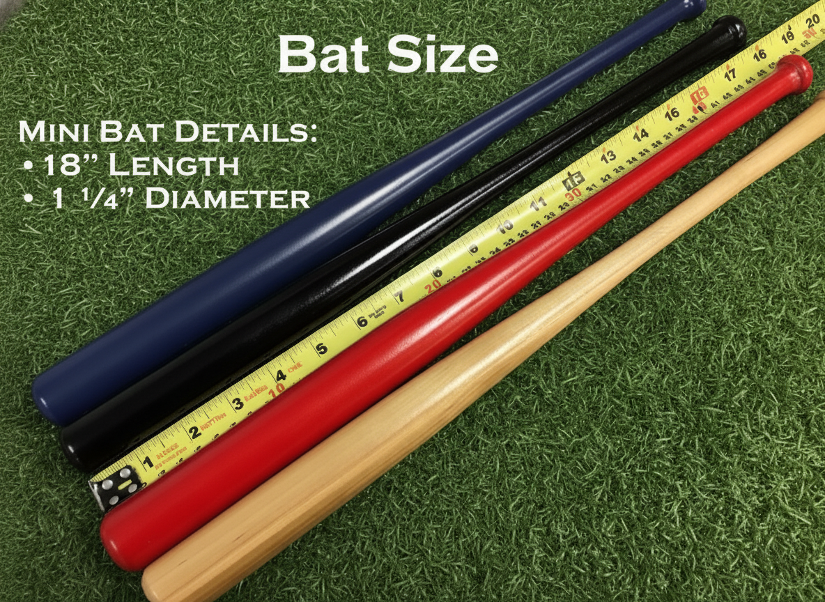 Size reference showing 18 inch mini bats in blue, black, red, and natural laid on grass beside a glove, the display size for a first home run bat