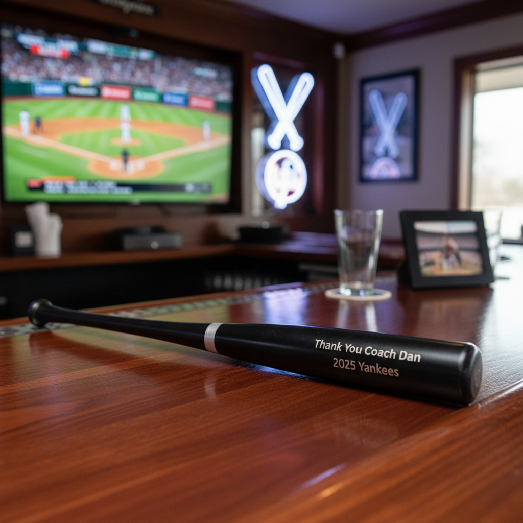 Baseball bat with engraved text on a wooden table in a room with a sports-themed decor.