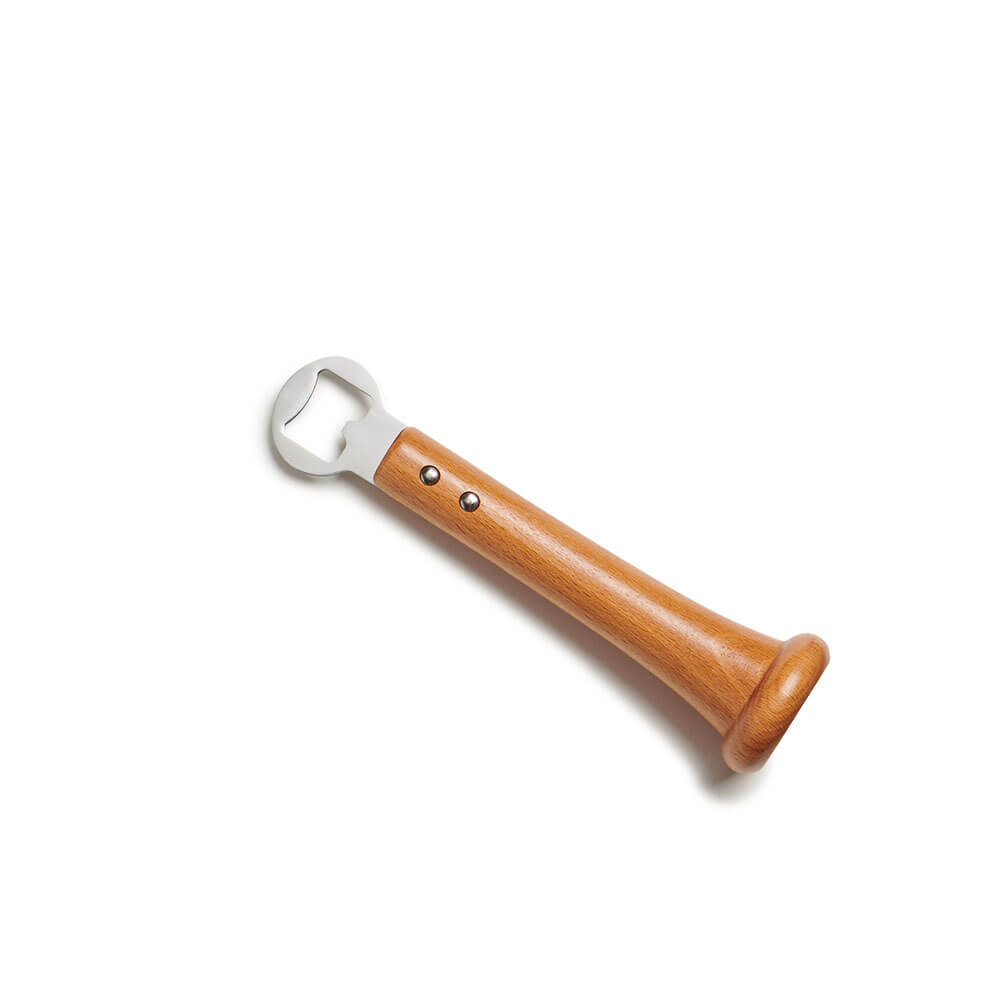 Stainless steel bottle opener with a wooden baseball-bat-style handle and twin steel rivets, shown on a white studio background