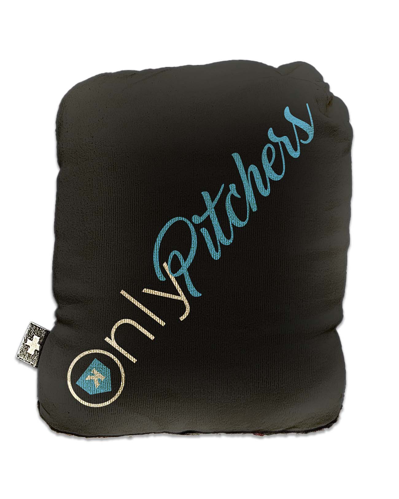 Charcoal rosin bag with blue and gold embroidered "Pitchers Only" branding and circular logo on front, shown with included storage sock