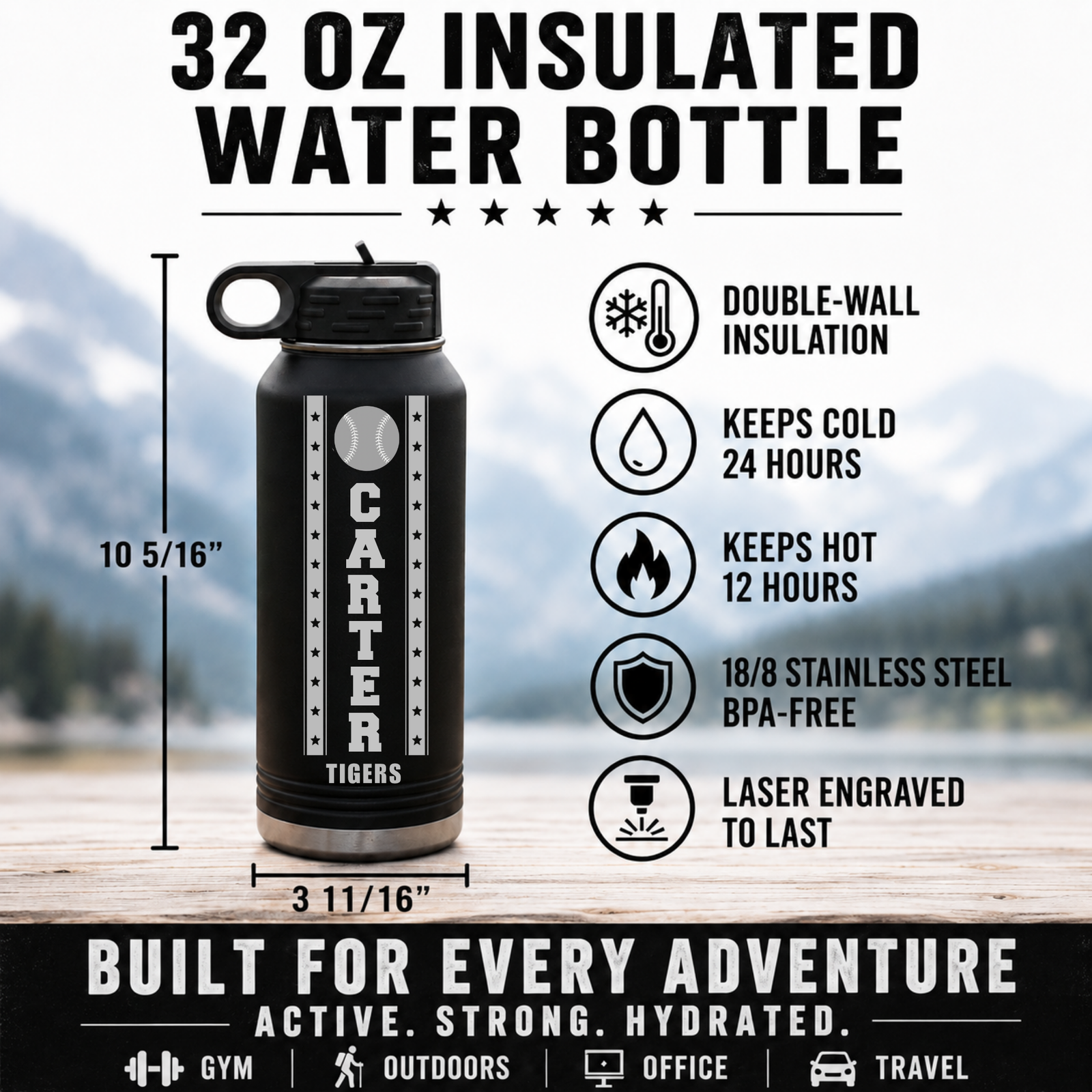 32oz insulated senior night baseball water bottle features and dimensions, 10 5/16 inches tall, keeps cold 24 hours, laser engraved to last