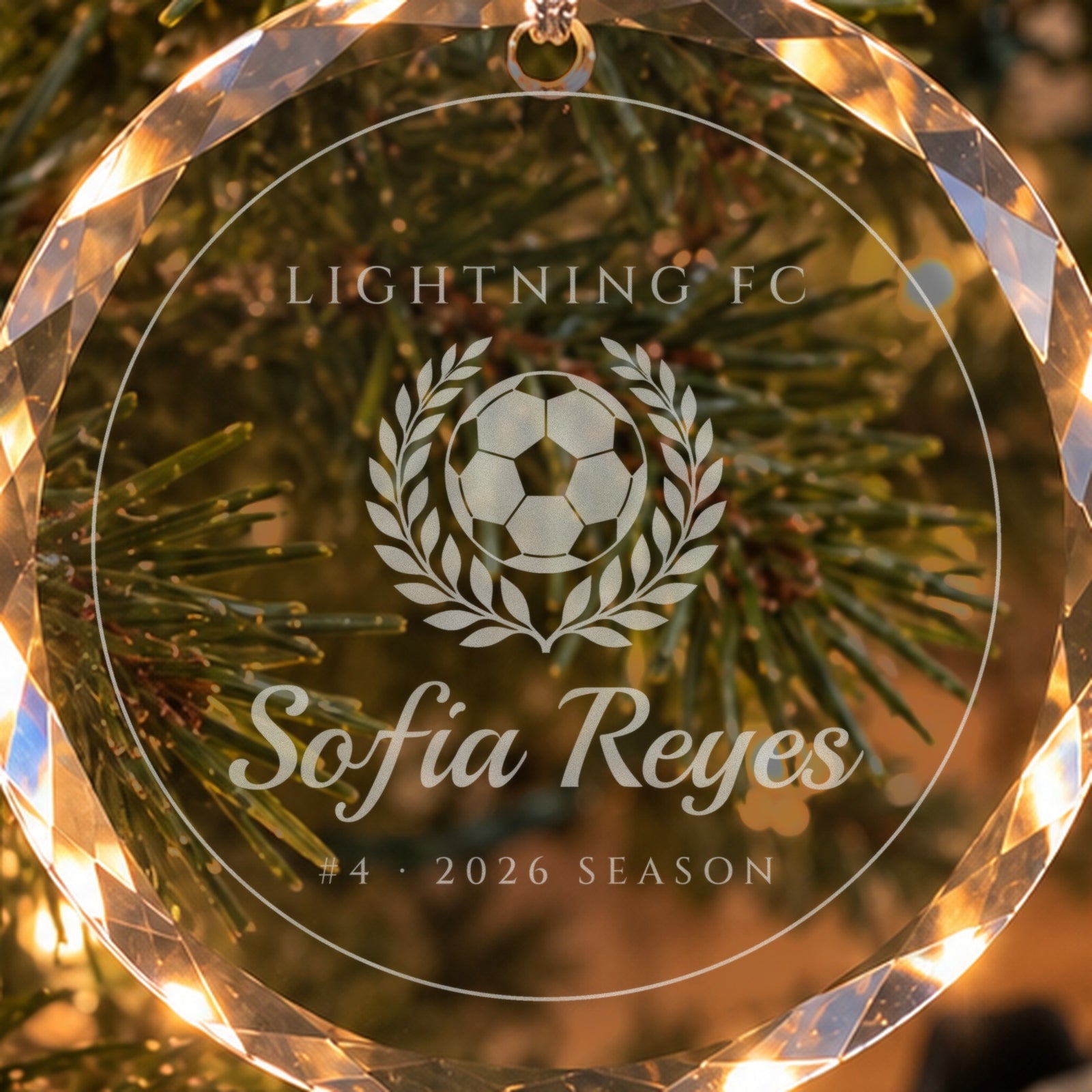Close-up of the frosted engraving on the soccer ornament: a soccer ball in a laurel wreath, LIGHTNING FC, Sofia Reyes, #4 · 2026 SEASON